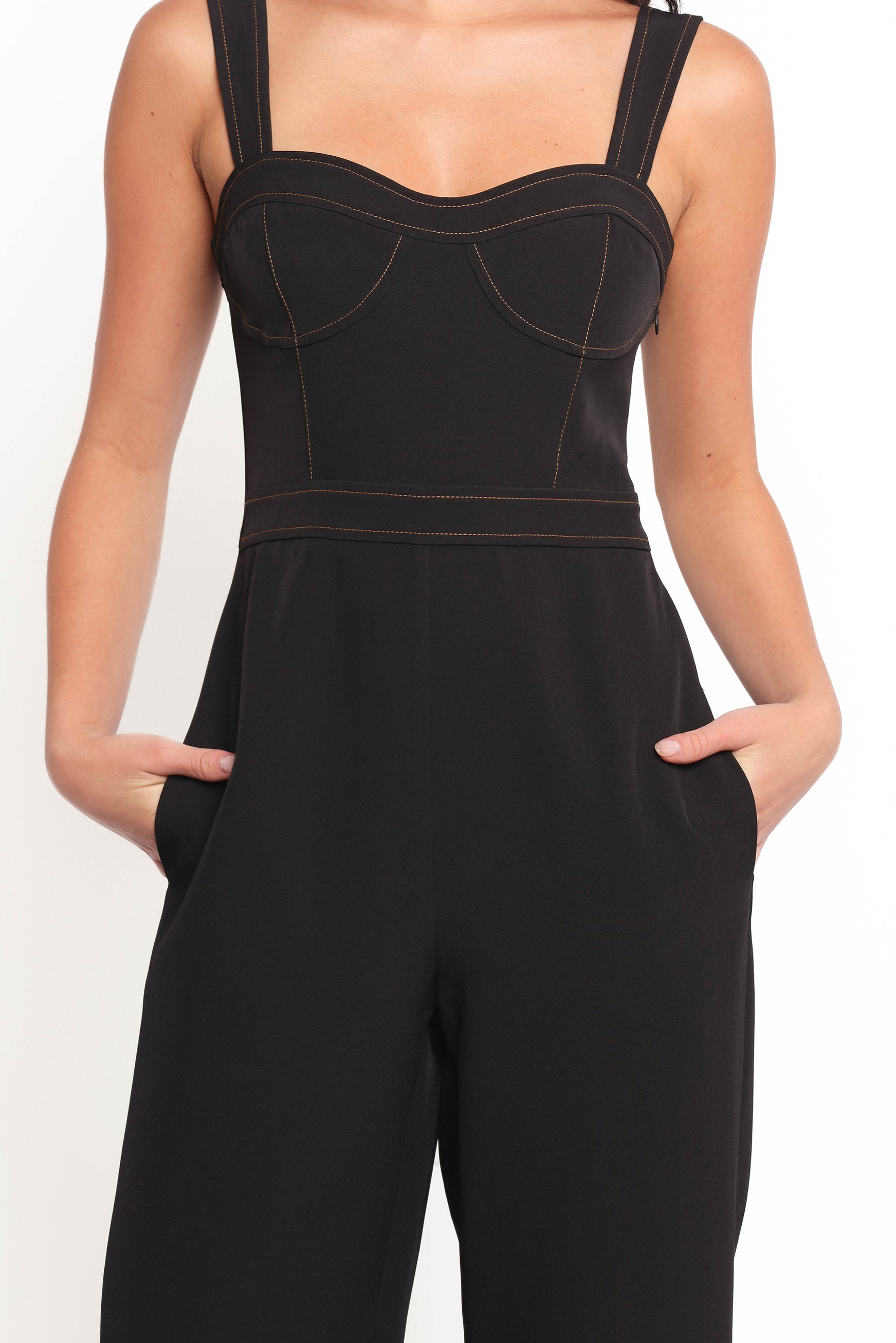 Black Taisha Jumpsuit for Women - Sweetheart Neckline & Pockets