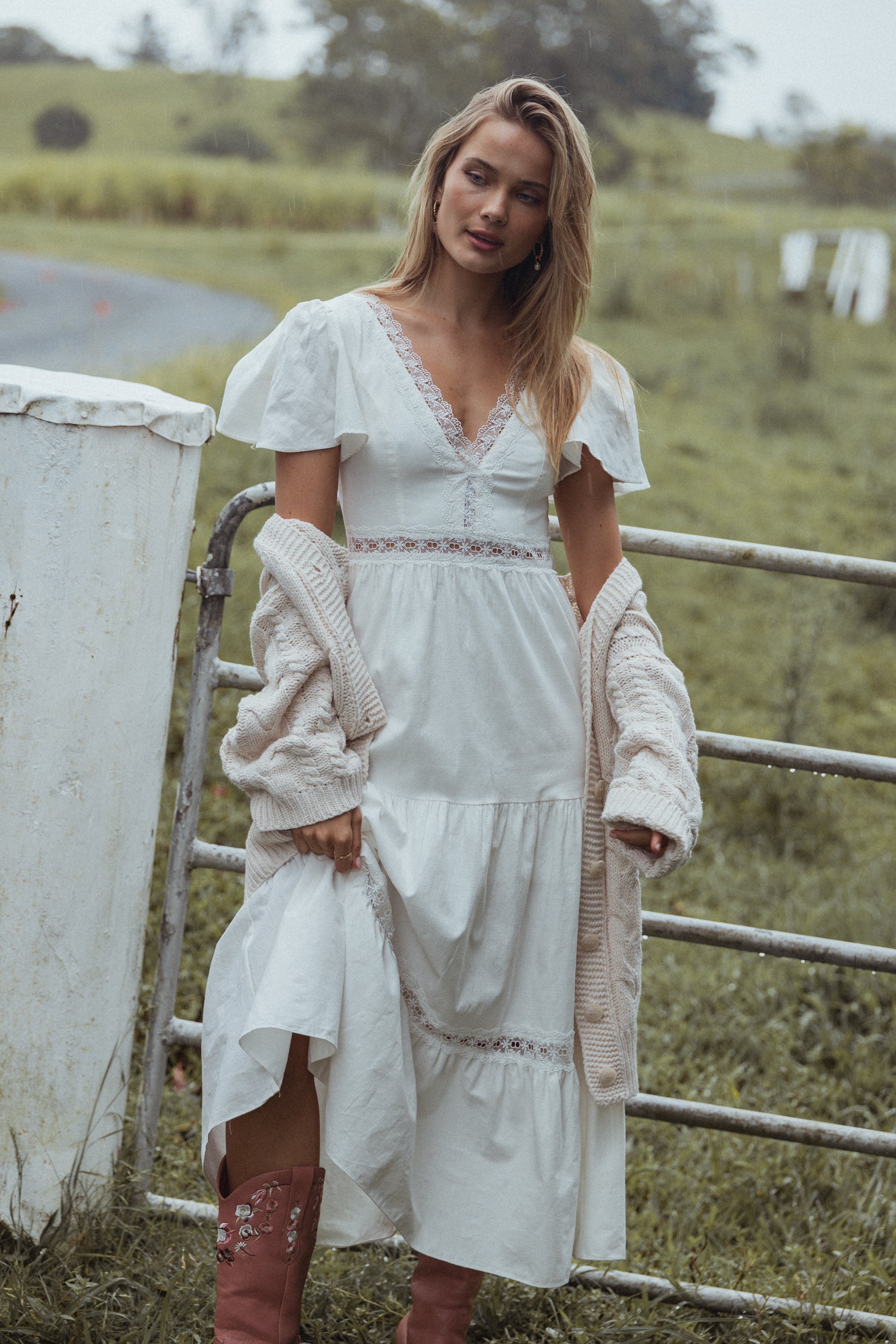 Cream Lace Trim Maxi Dress with V Neck & Tiered Skirt