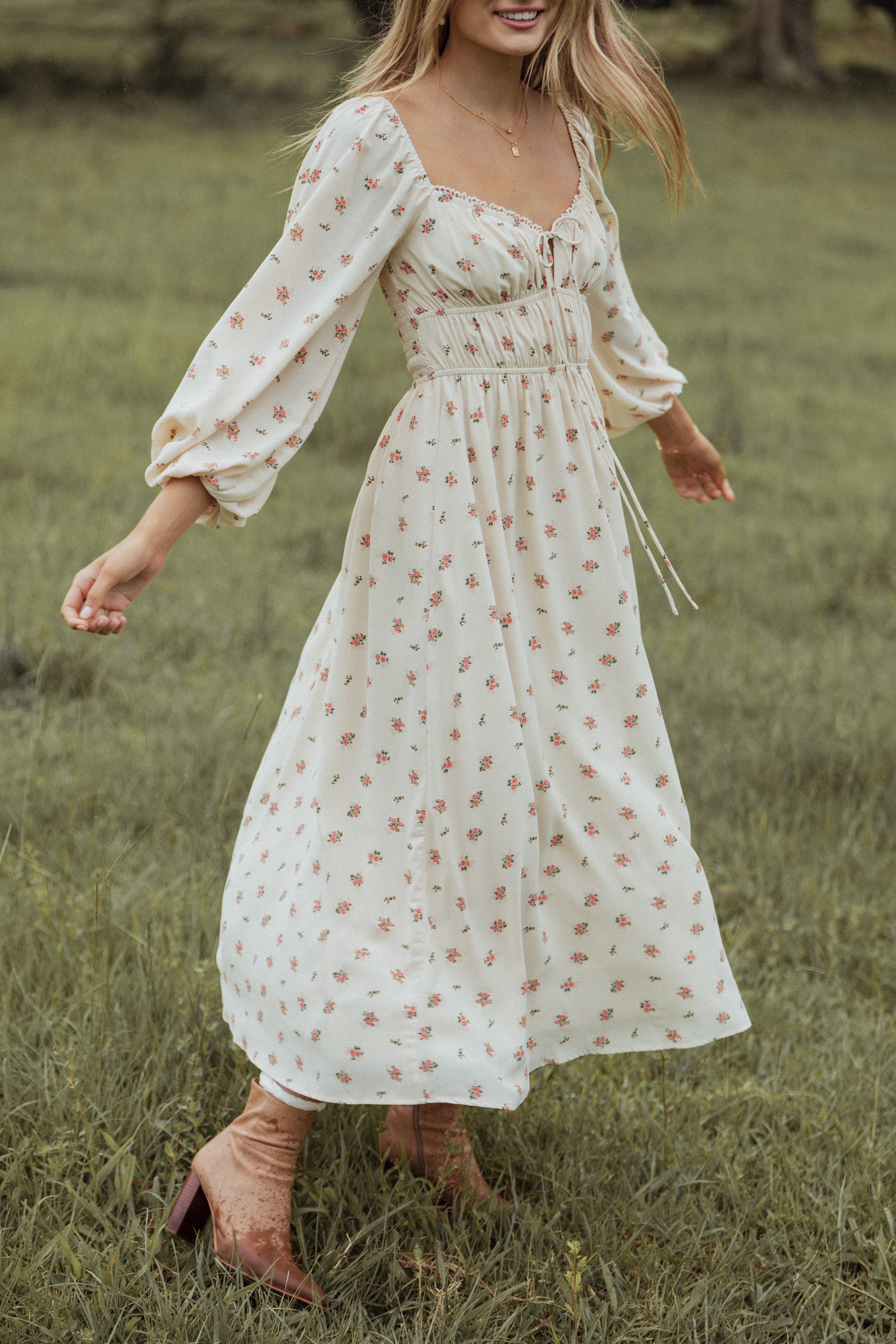 Floral Maxi Dress with Sweetheart Neckline & Long Sleeves - Maureen