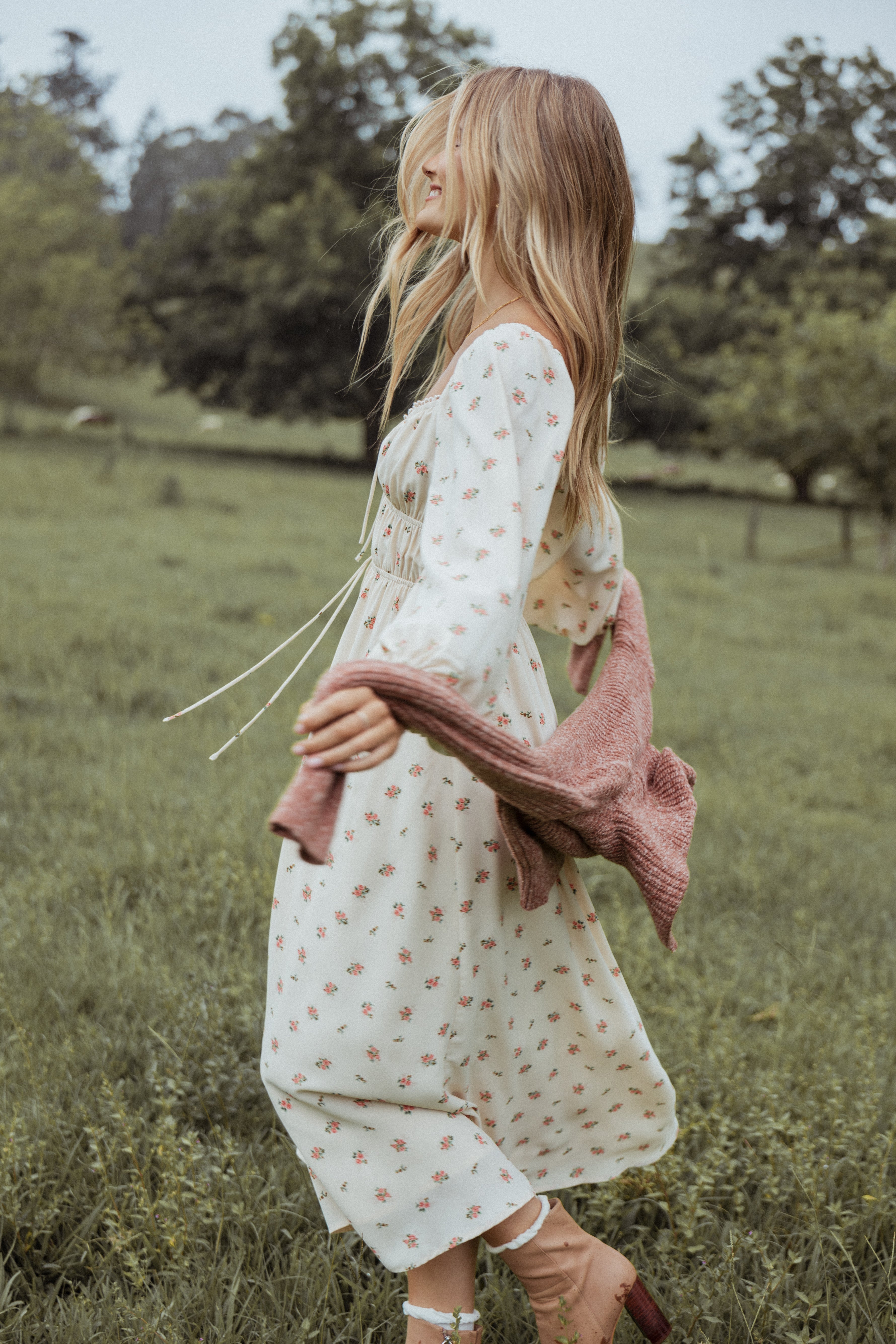 Floral Maxi Dress with Sweetheart Neckline & Long Sleeves - Maureen