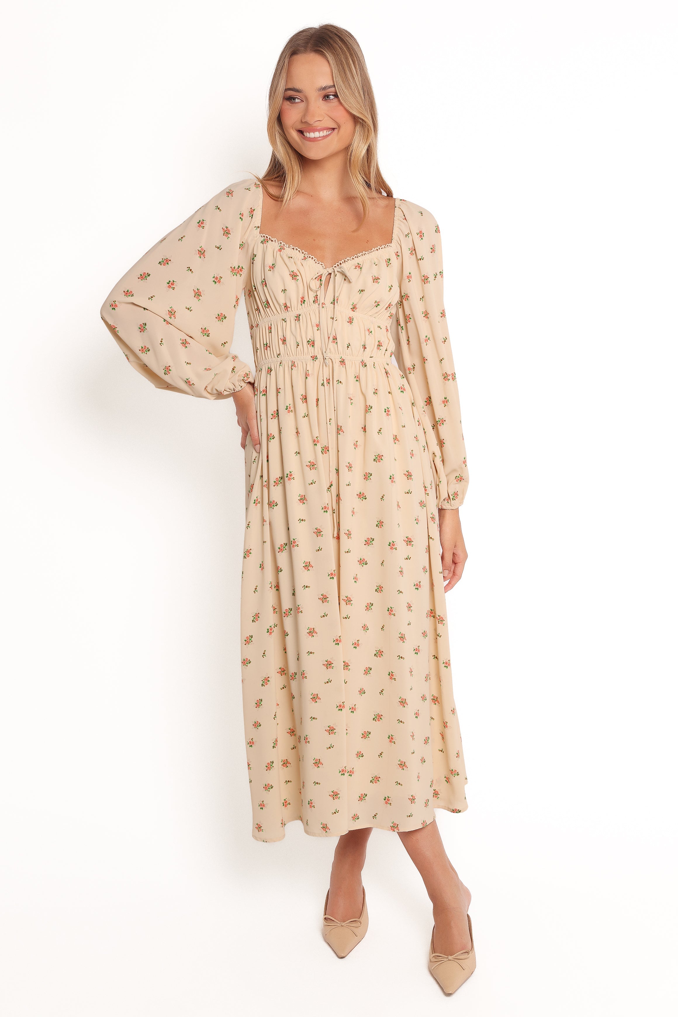 Floral Maxi Dress with Sweetheart Neckline & Long Sleeves - Maureen