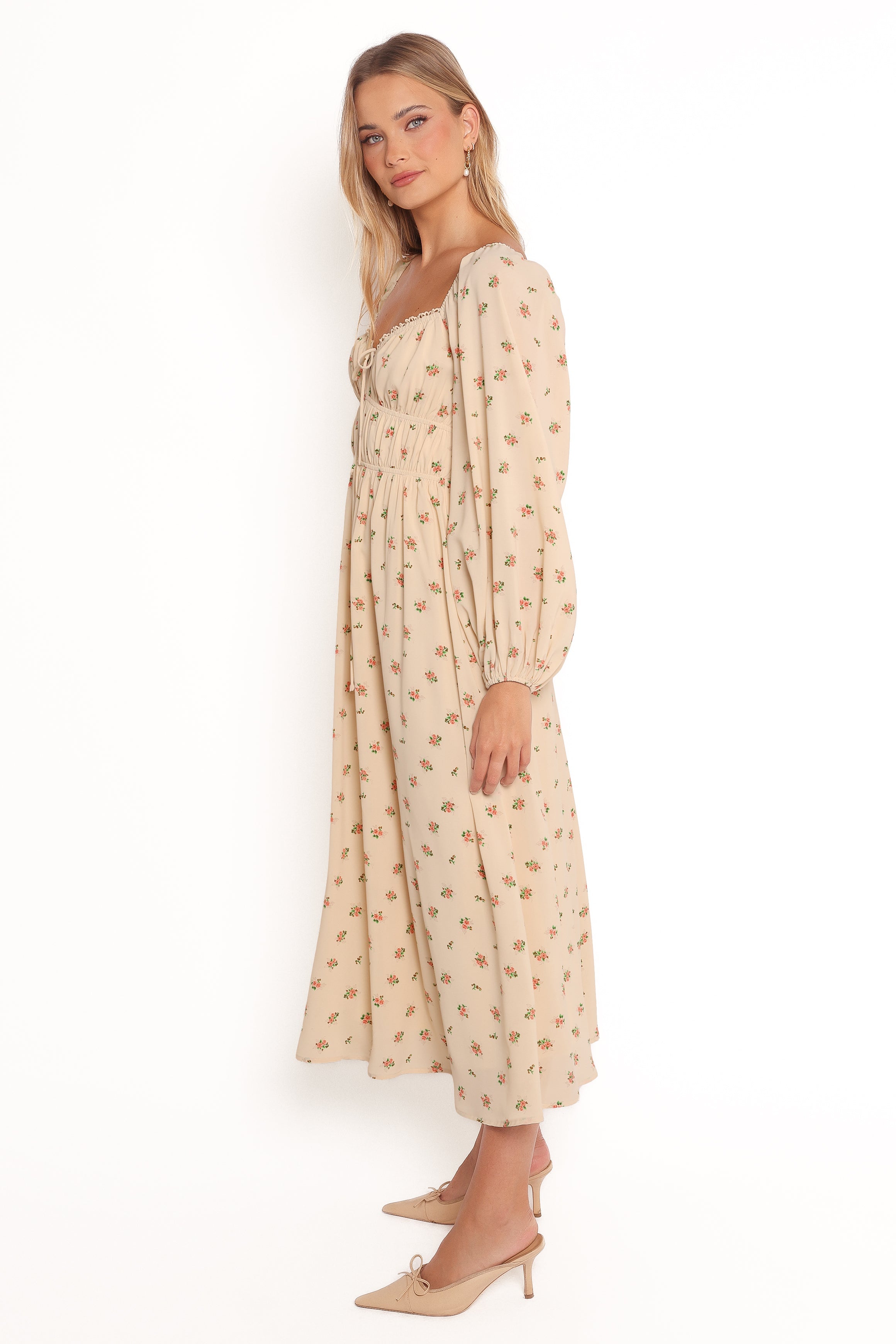 Floral Maxi Dress with Sweetheart Neckline & Long Sleeves - Maureen
