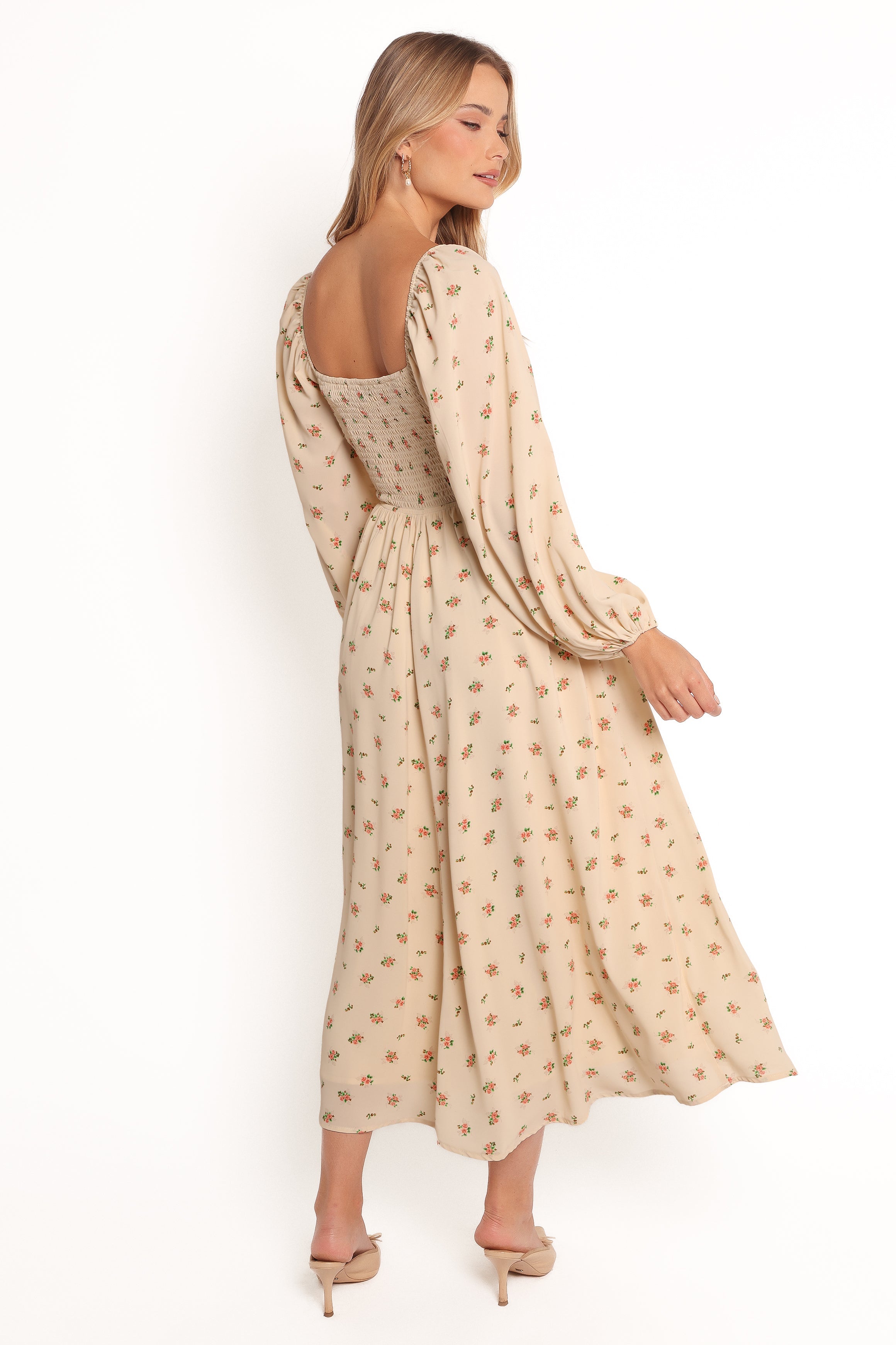 Floral Maxi Dress with Sweetheart Neckline & Long Sleeves - Maureen