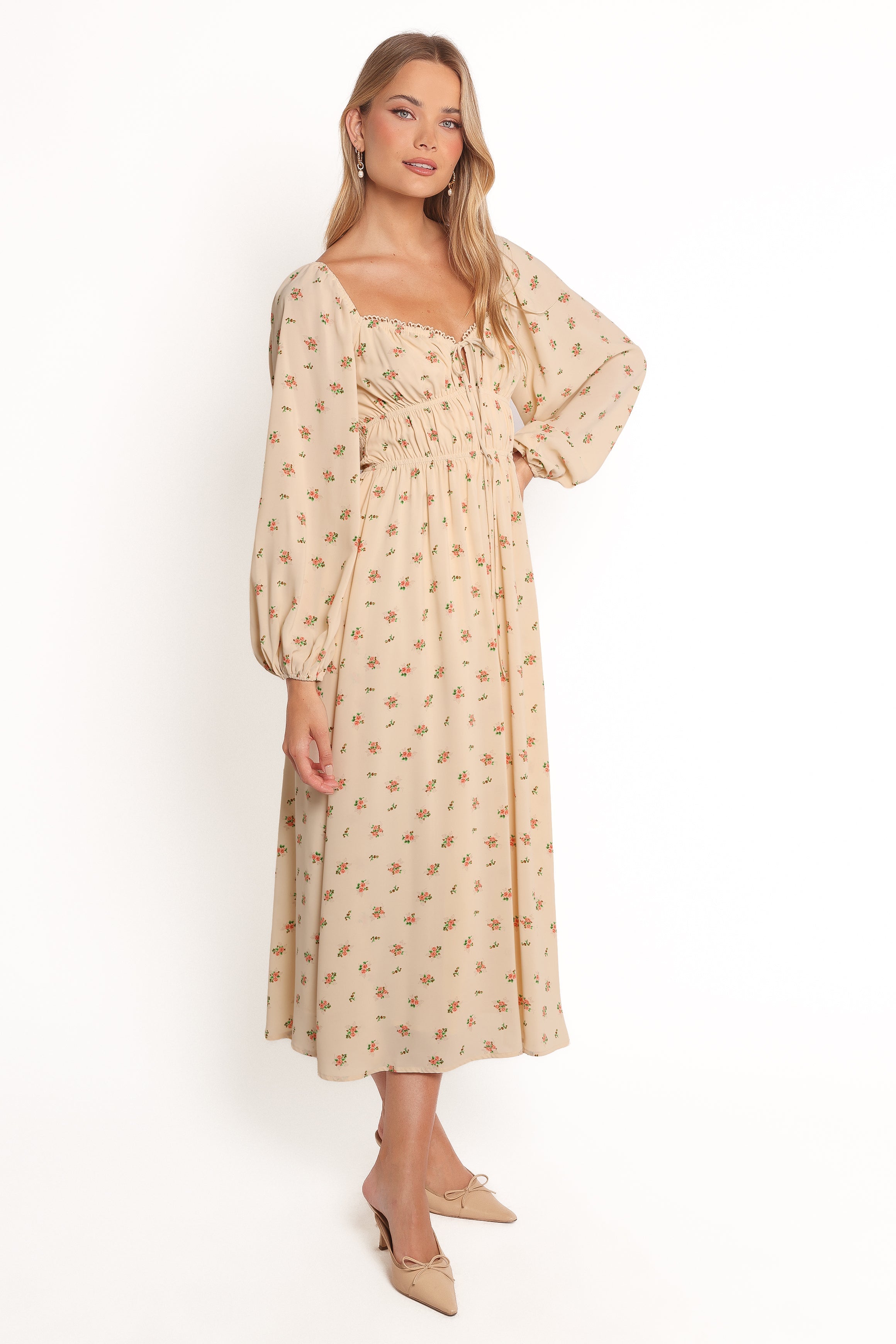Floral Maxi Dress with Sweetheart Neckline & Long Sleeves - Maureen