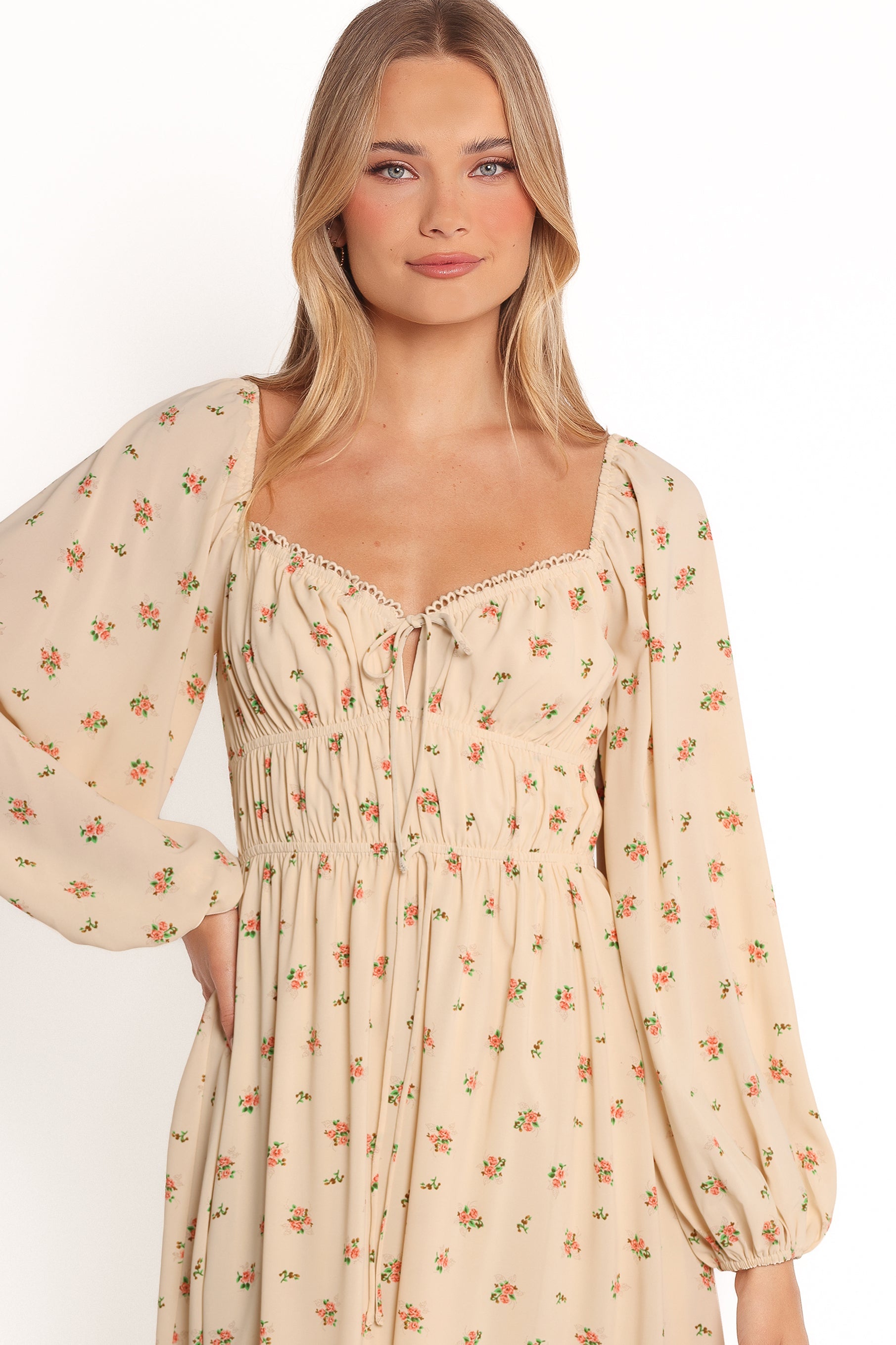 Floral Maxi Dress with Sweetheart Neckline & Long Sleeves - Maureen