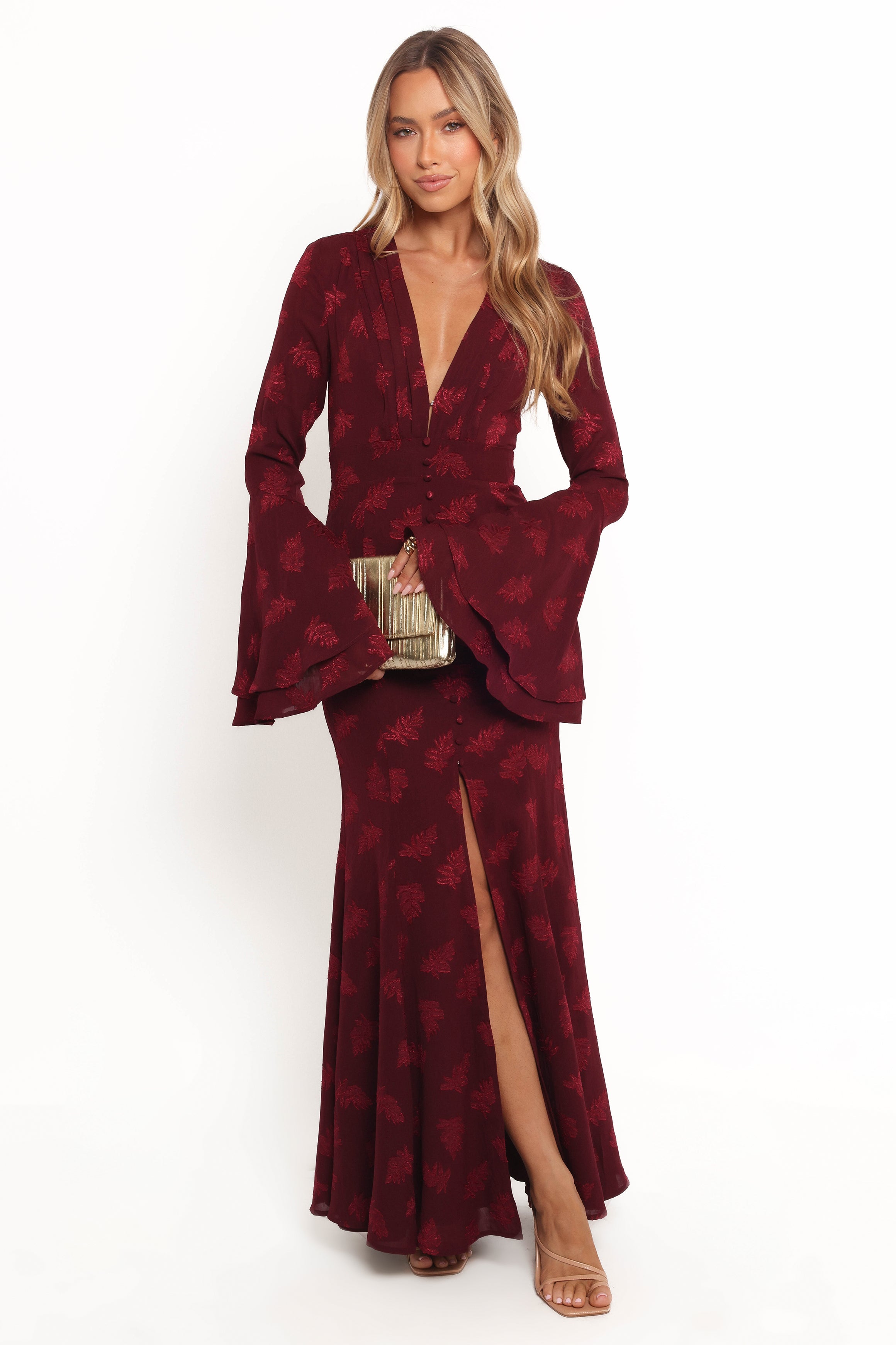 Burgundy Maxi Dress with V Neck & Bell Sleeves - Sarey