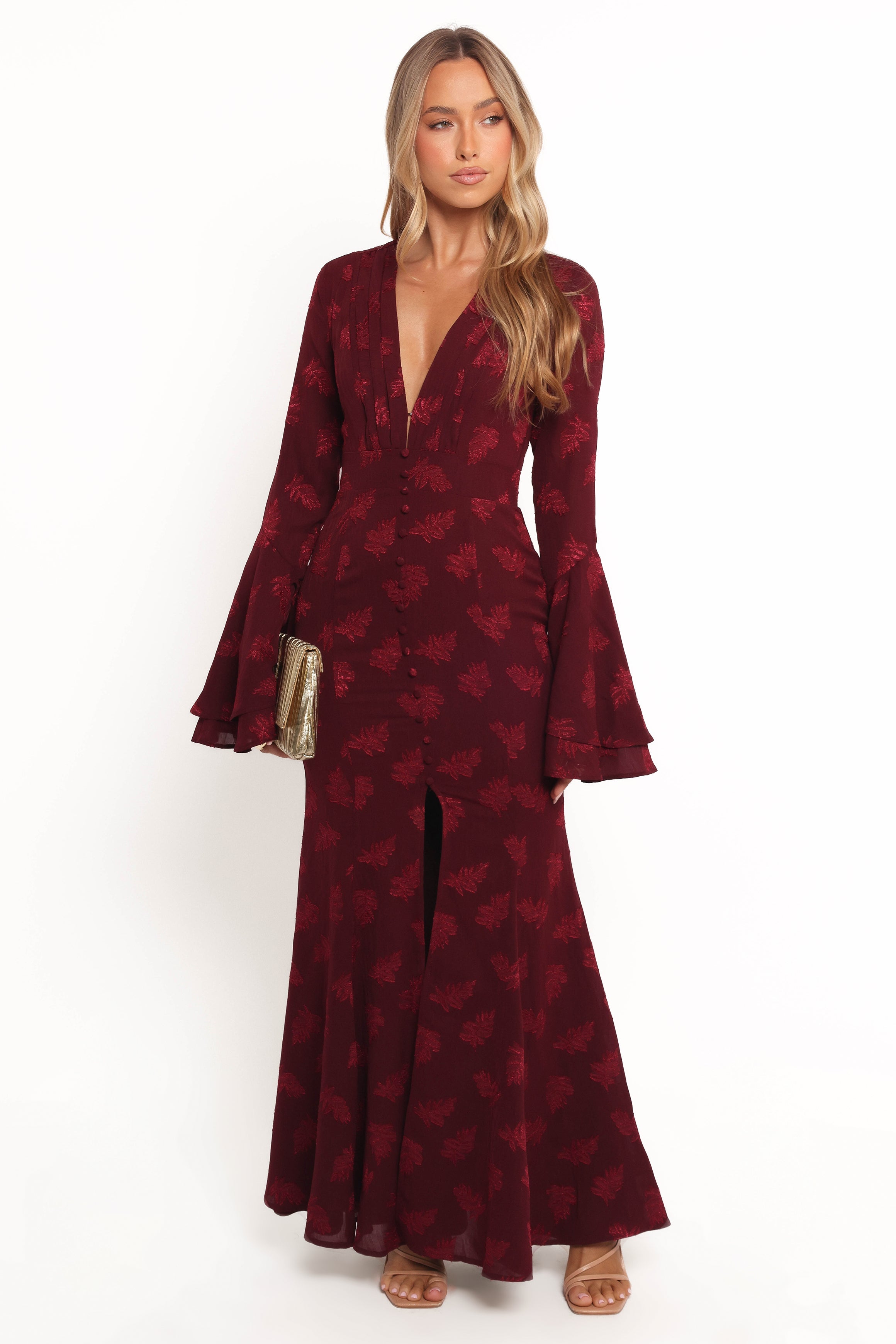 Burgundy Maxi Dress with V Neck & Bell Sleeves - Sarey