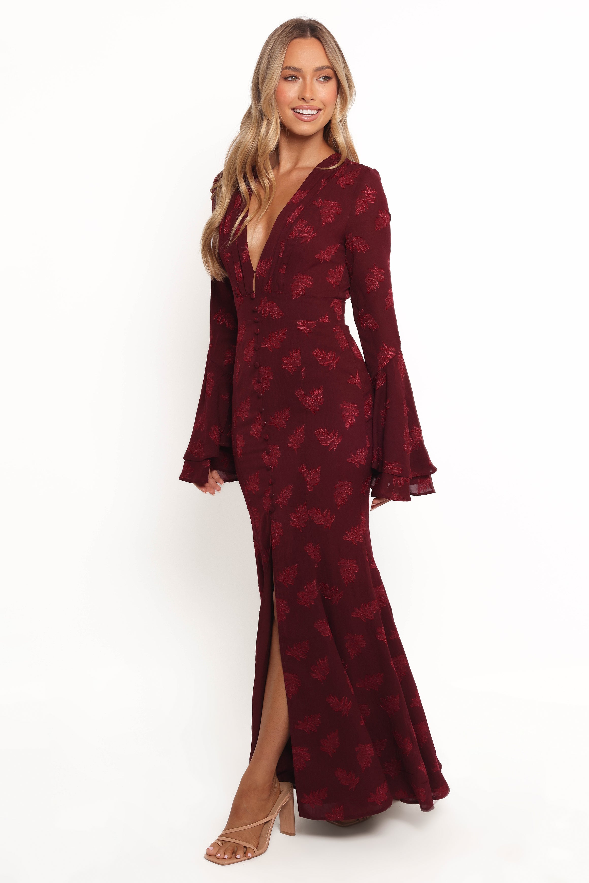 Burgundy Maxi Dress with V Neck & Bell Sleeves - Sarey