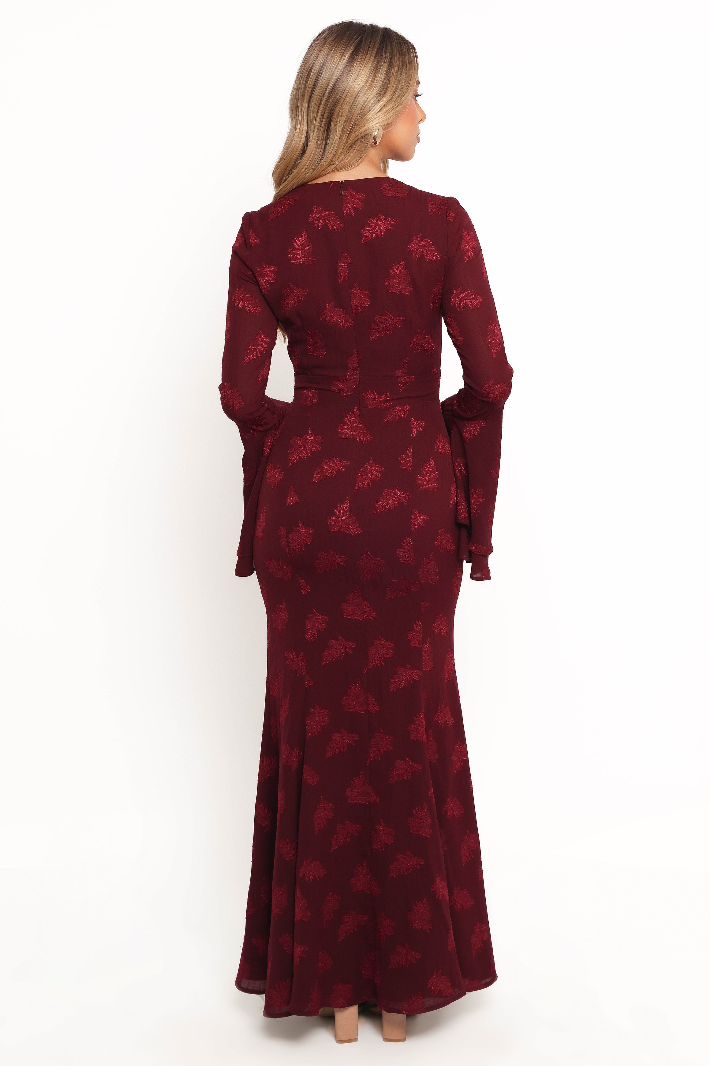 Burgundy Maxi Dress with V Neck & Bell Sleeves - Sarey