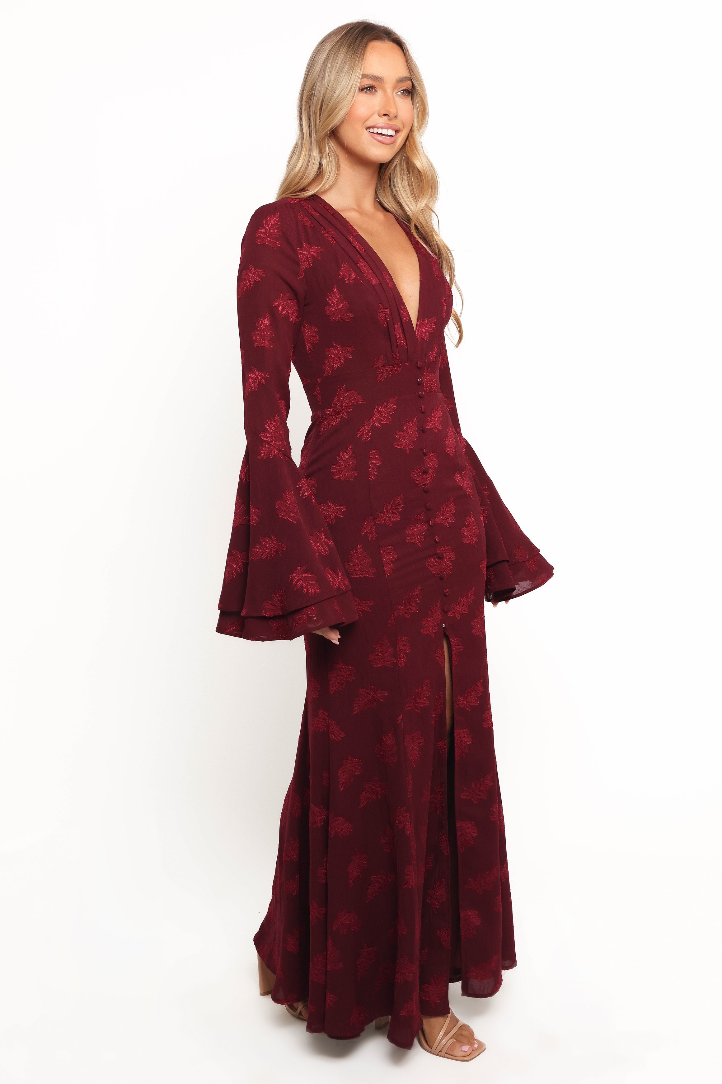 Burgundy Maxi Dress with V Neck & Bell Sleeves - Sarey