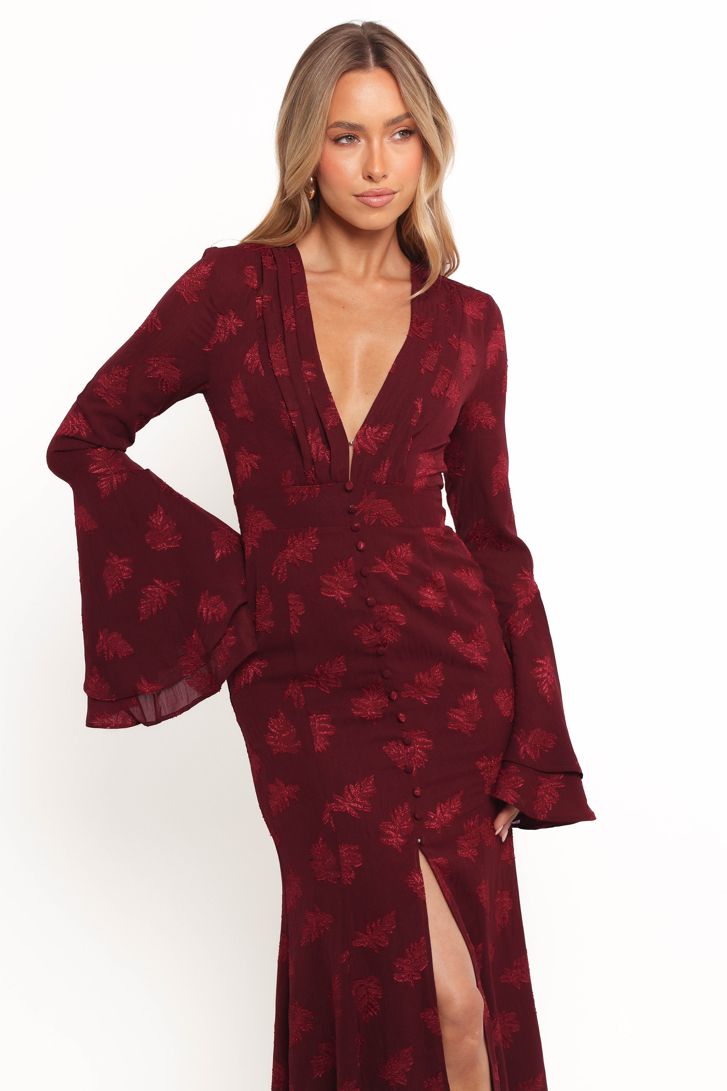 Burgundy Maxi Dress with V Neck & Bell Sleeves - Sarey