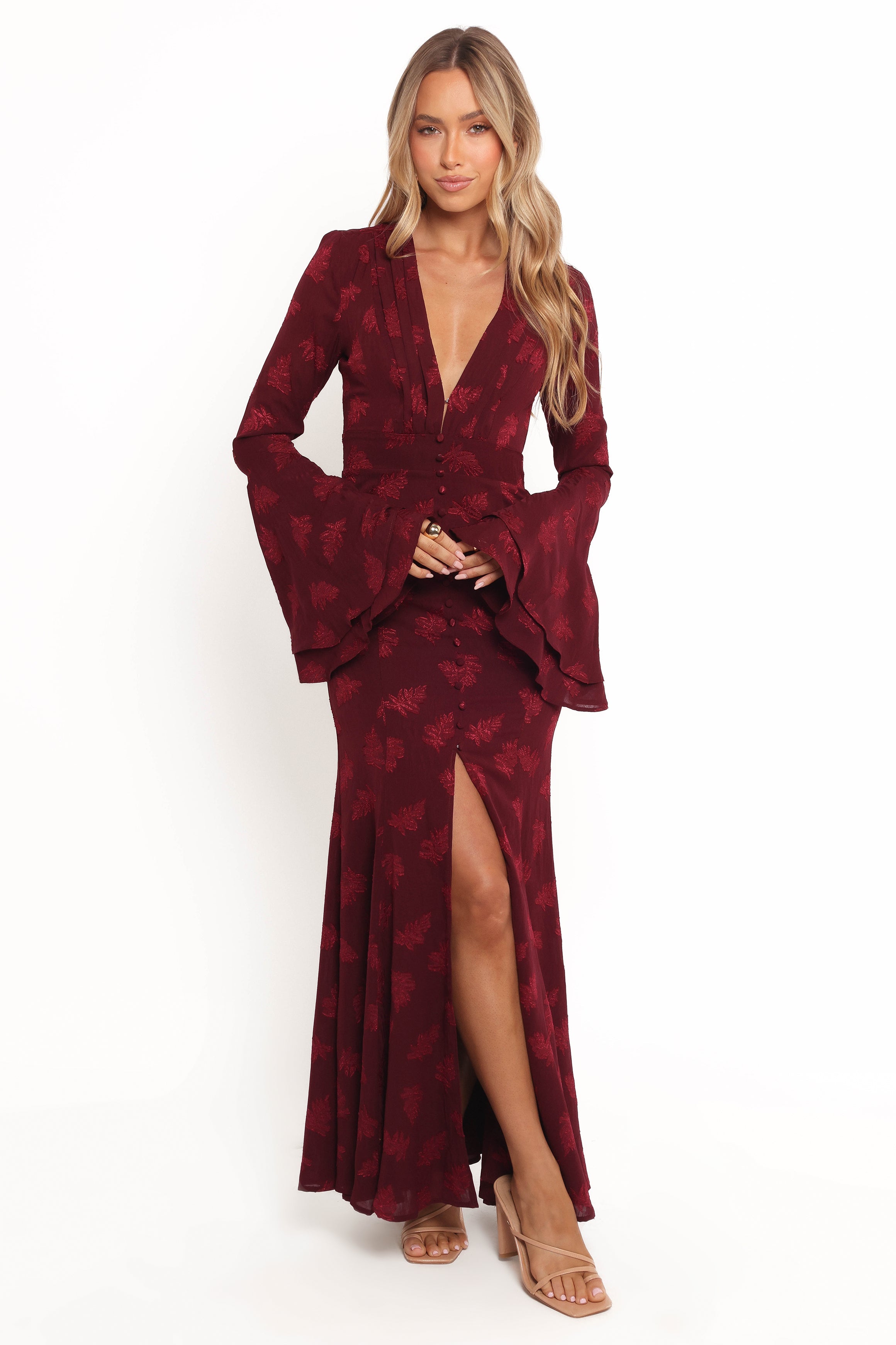 Burgundy Maxi Dress with V Neck & Bell Sleeves - Sarey