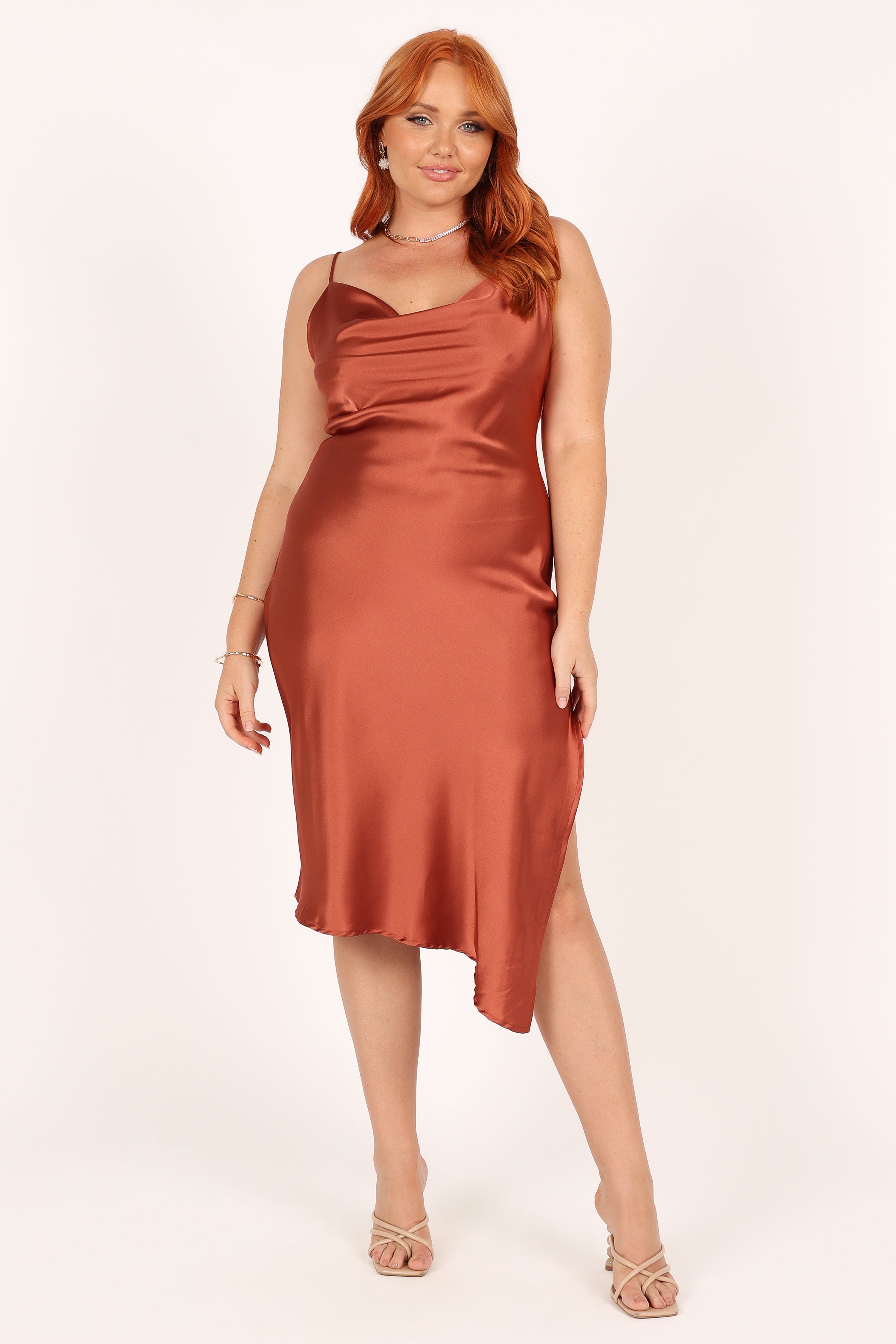 Rust Satin Cyprus Dress with Cowl Neck & Asymmetrical Hem