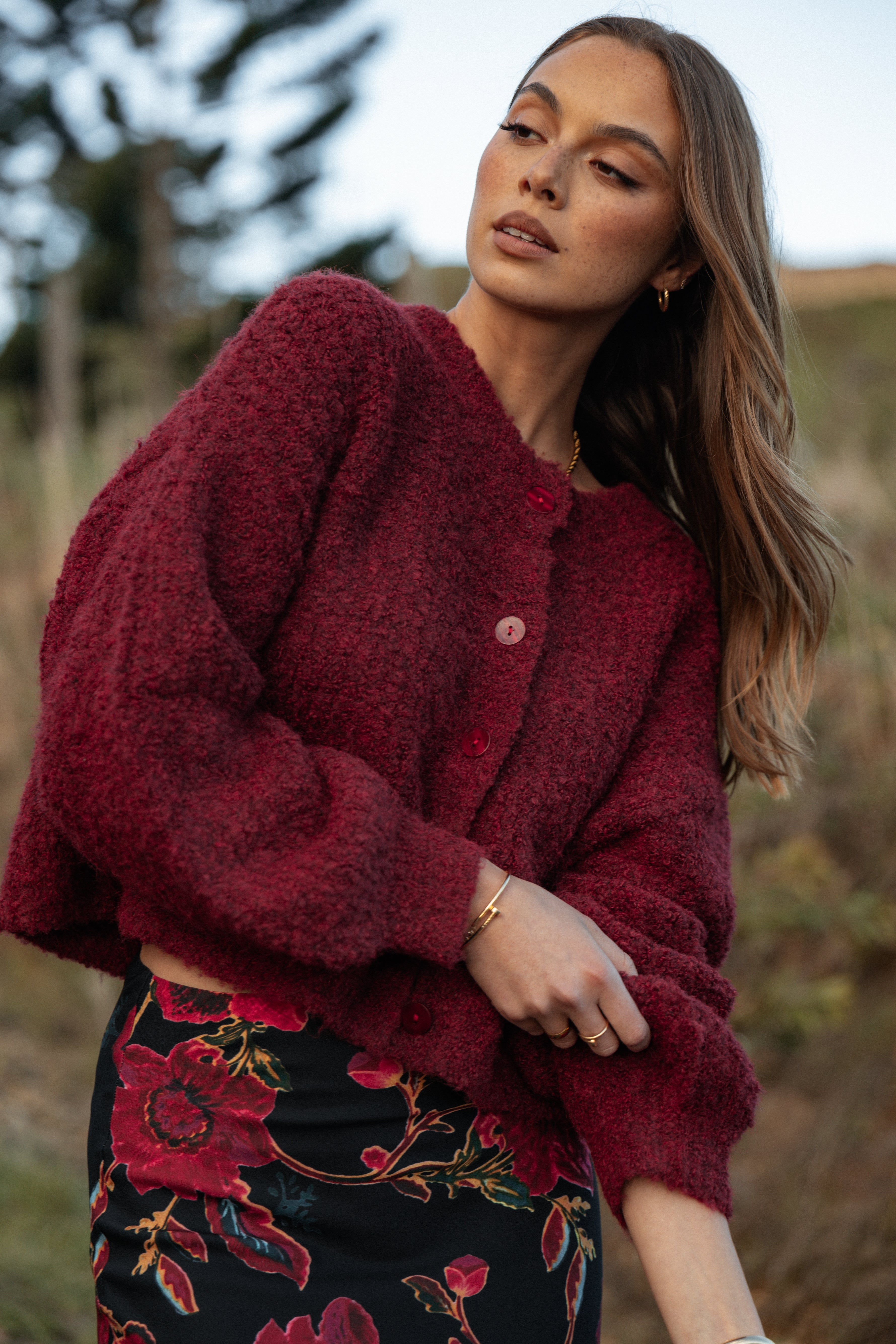 Wine Albertine Knitted Cardigan with Long Sleeves & Buttons