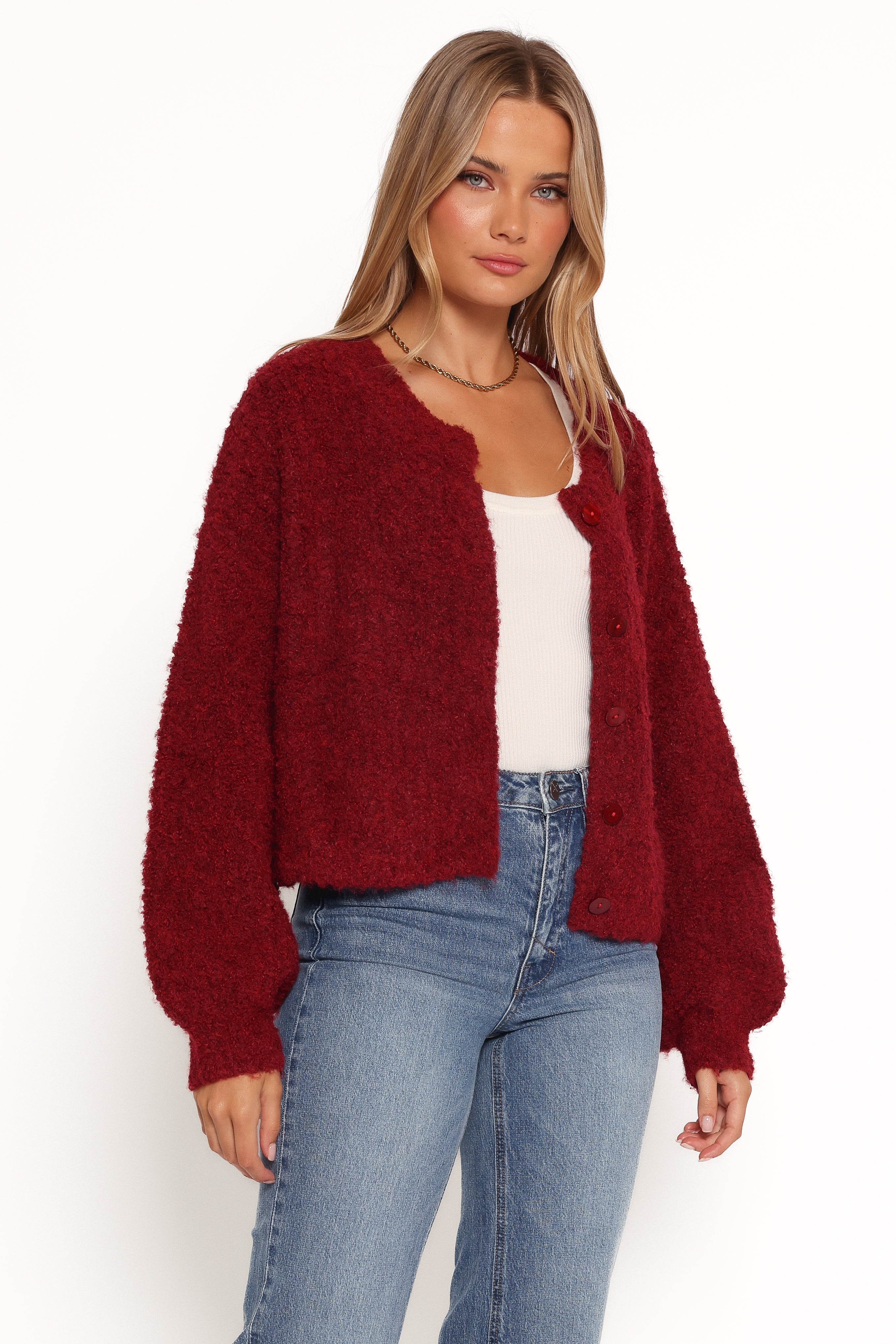 Wine Albertine Knitted Cardigan with Long Sleeves & Buttons