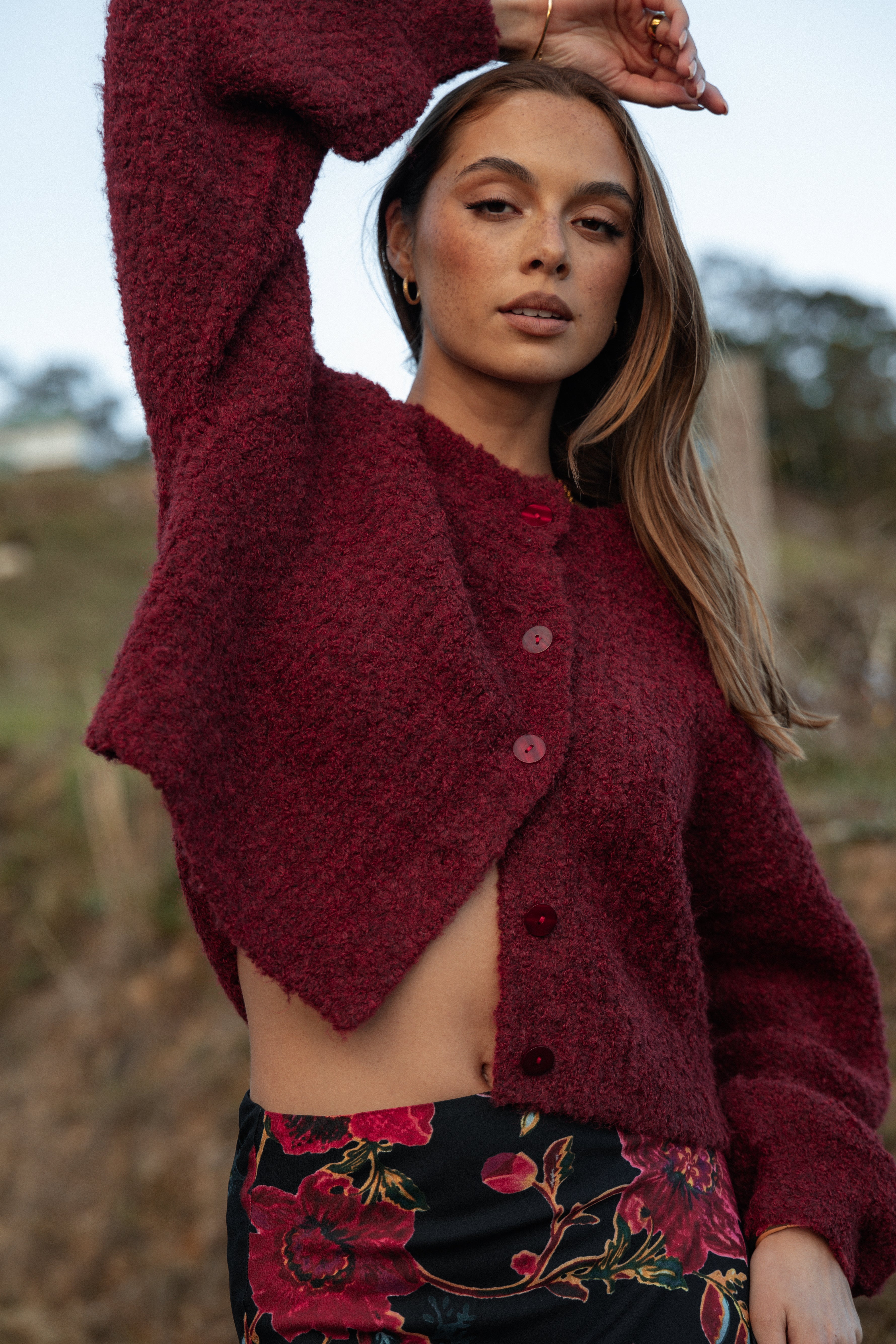 Wine Albertine Knitted Cardigan with Long Sleeves & Buttons