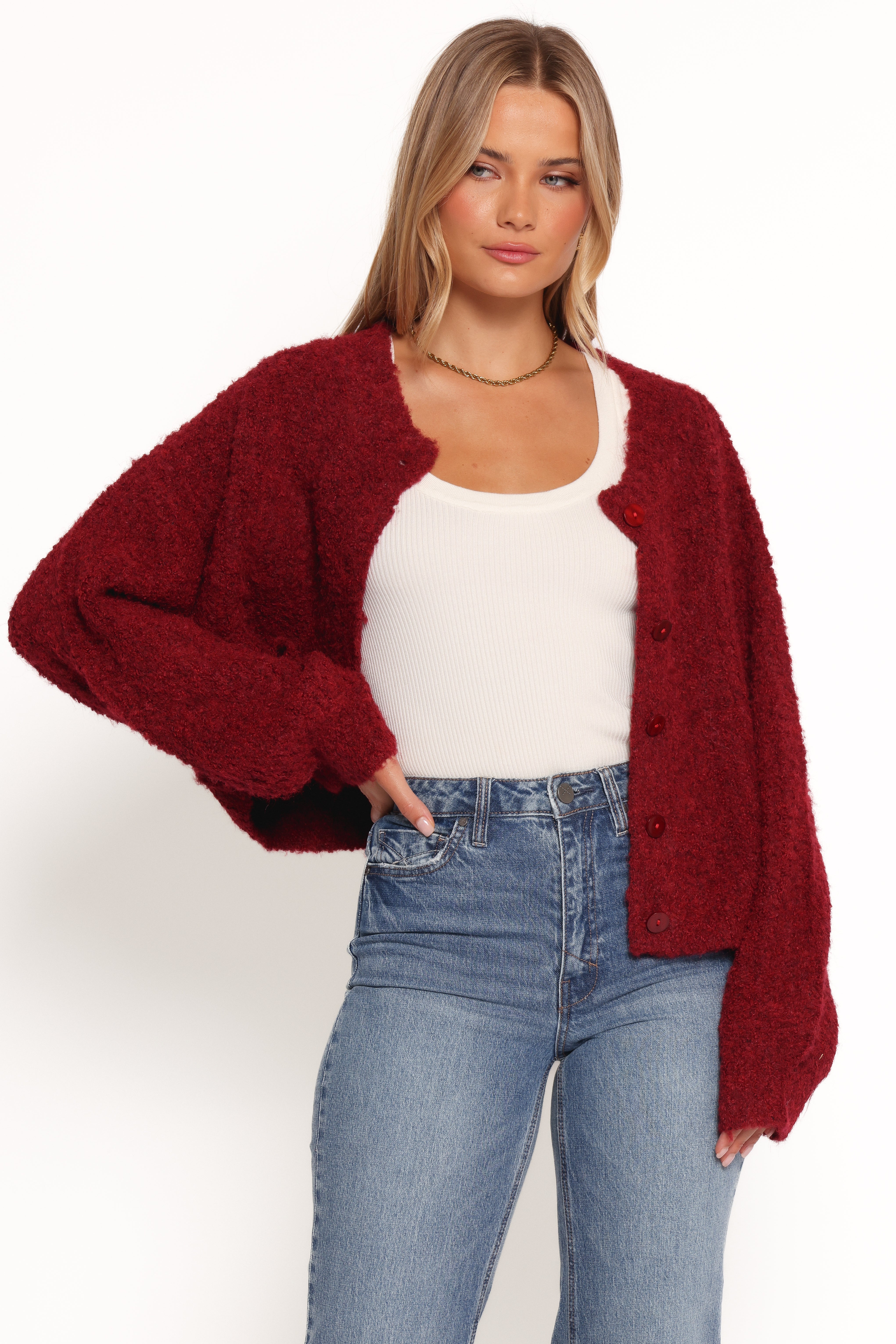 Wine Albertine Knitted Cardigan with Long Sleeves & Buttons