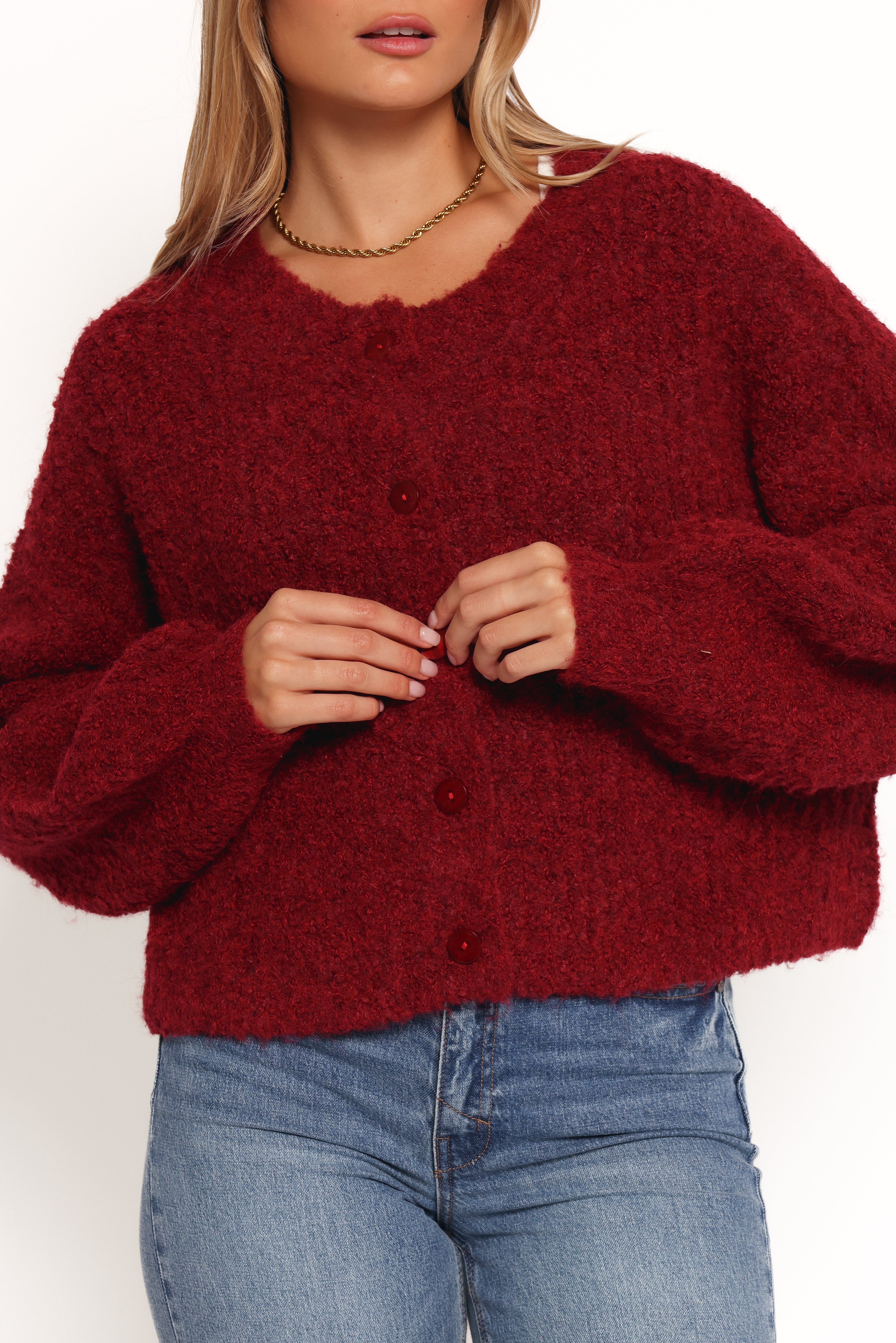 Wine Albertine Knitted Cardigan with Long Sleeves & Buttons