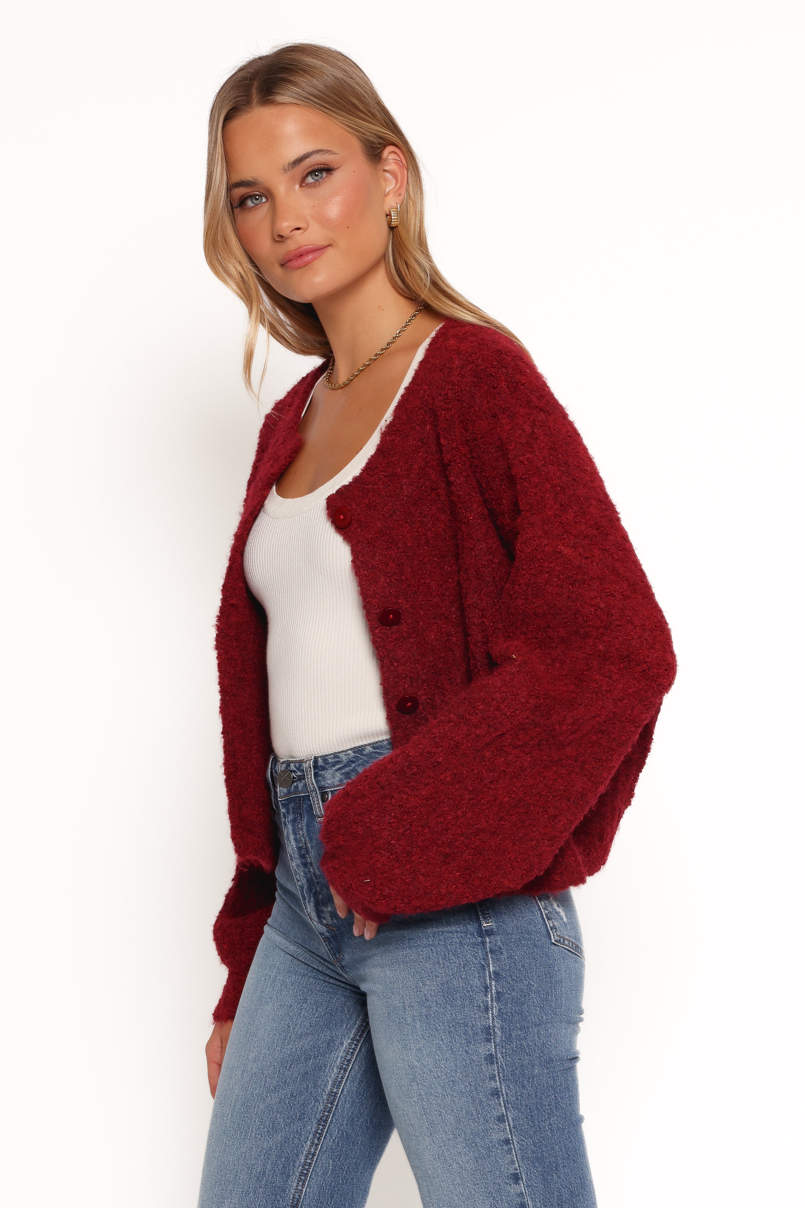 Wine Albertine Knitted Cardigan with Long Sleeves & Buttons