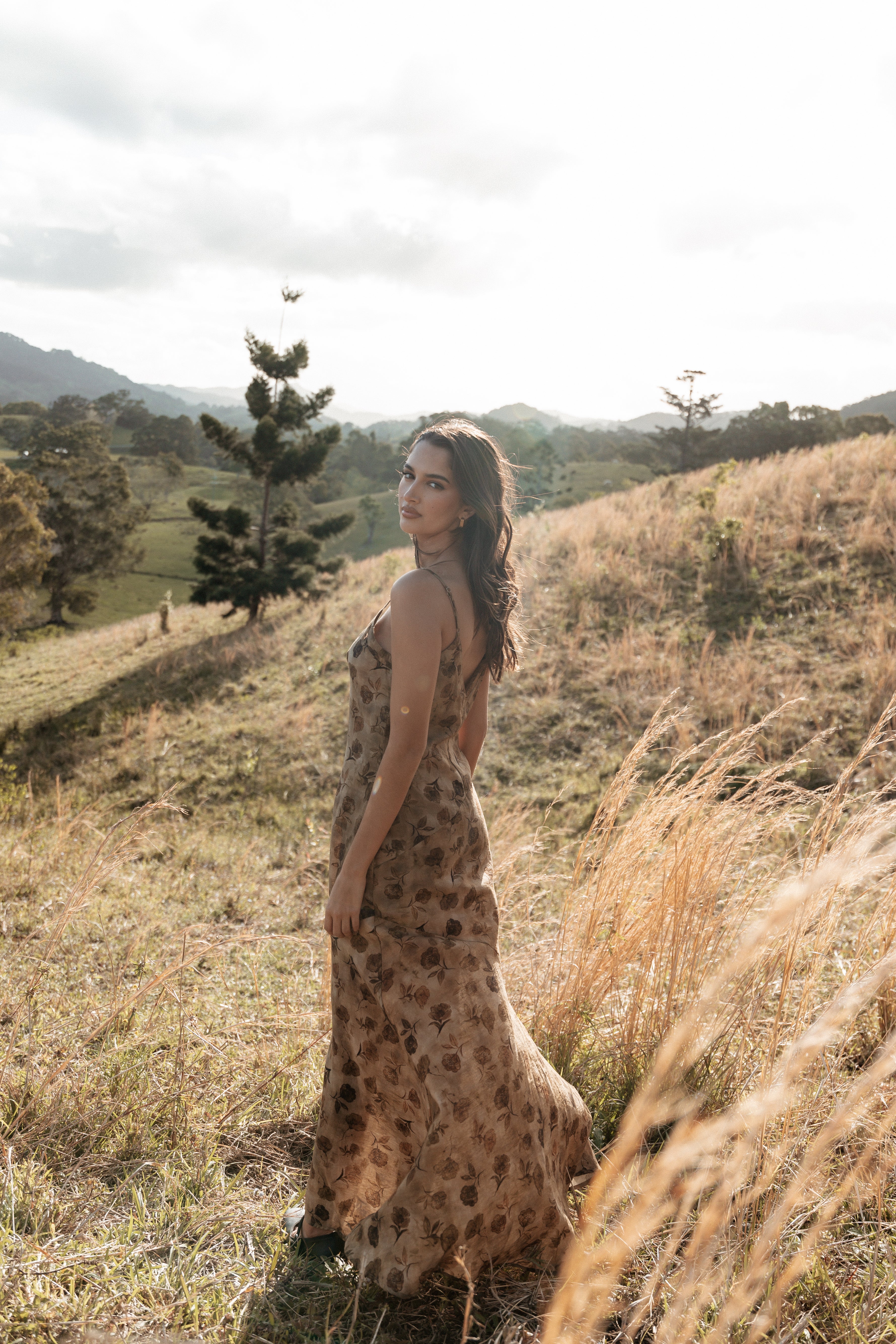 Floral Midi Dress with V Neckline & Adjustable Straps - Fia Tan Dress