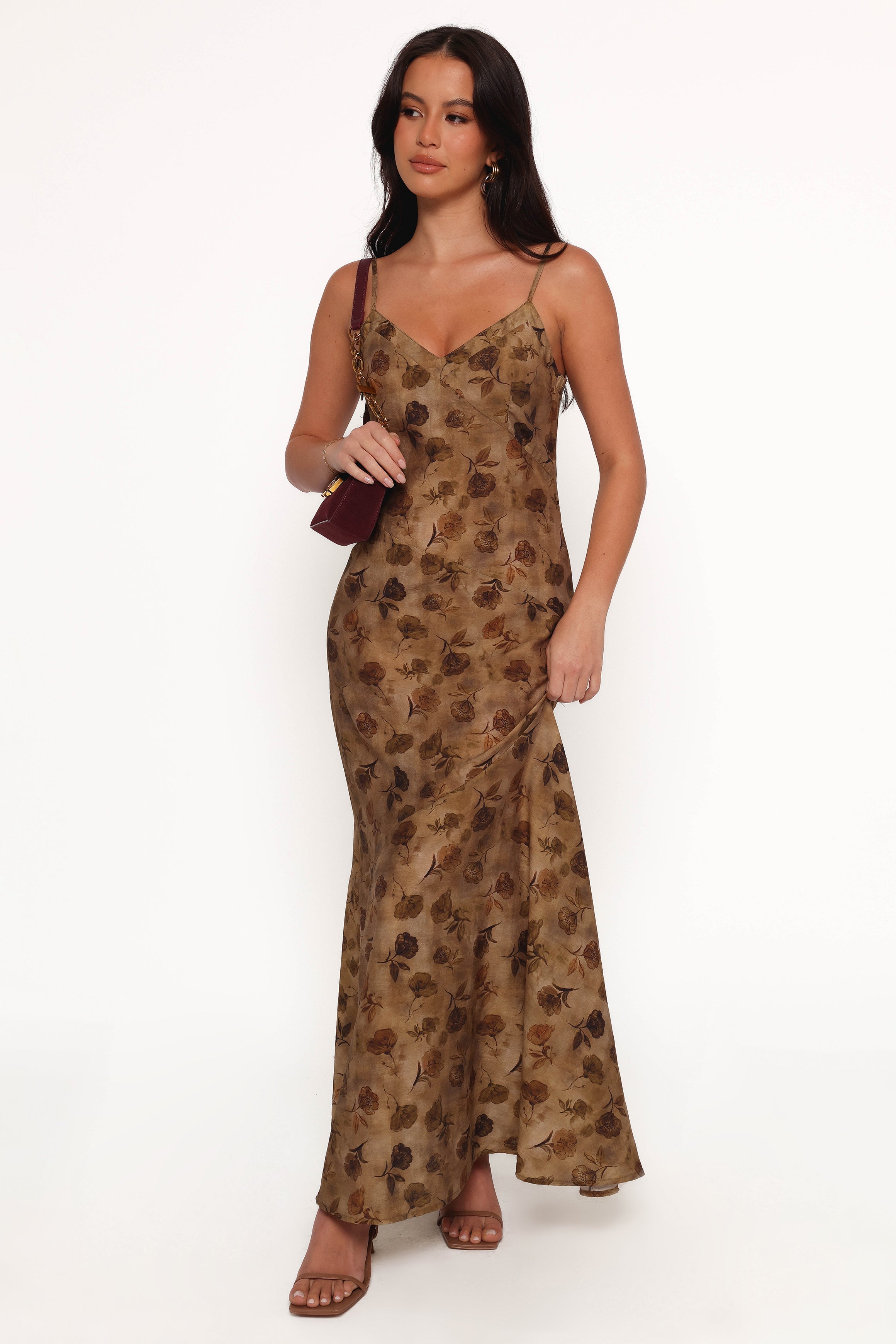 Floral Midi Dress with V Neckline & Adjustable Straps - Fia Tan Dress