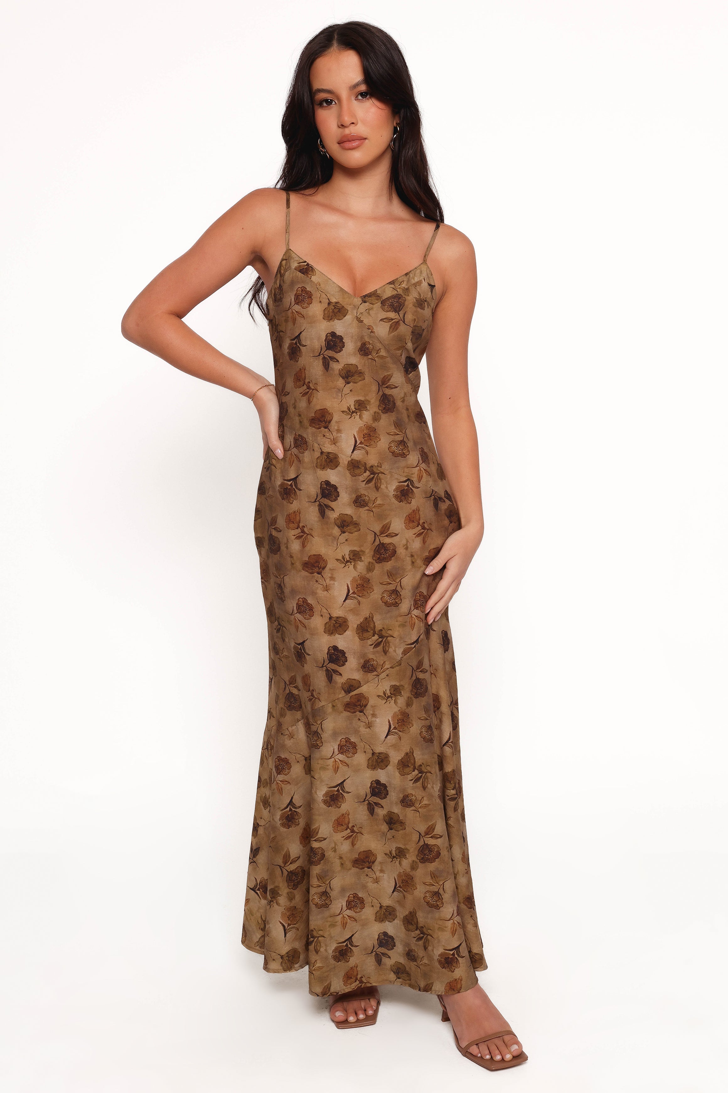 Floral Midi Dress with V Neckline & Adjustable Straps - Fia Tan Dress