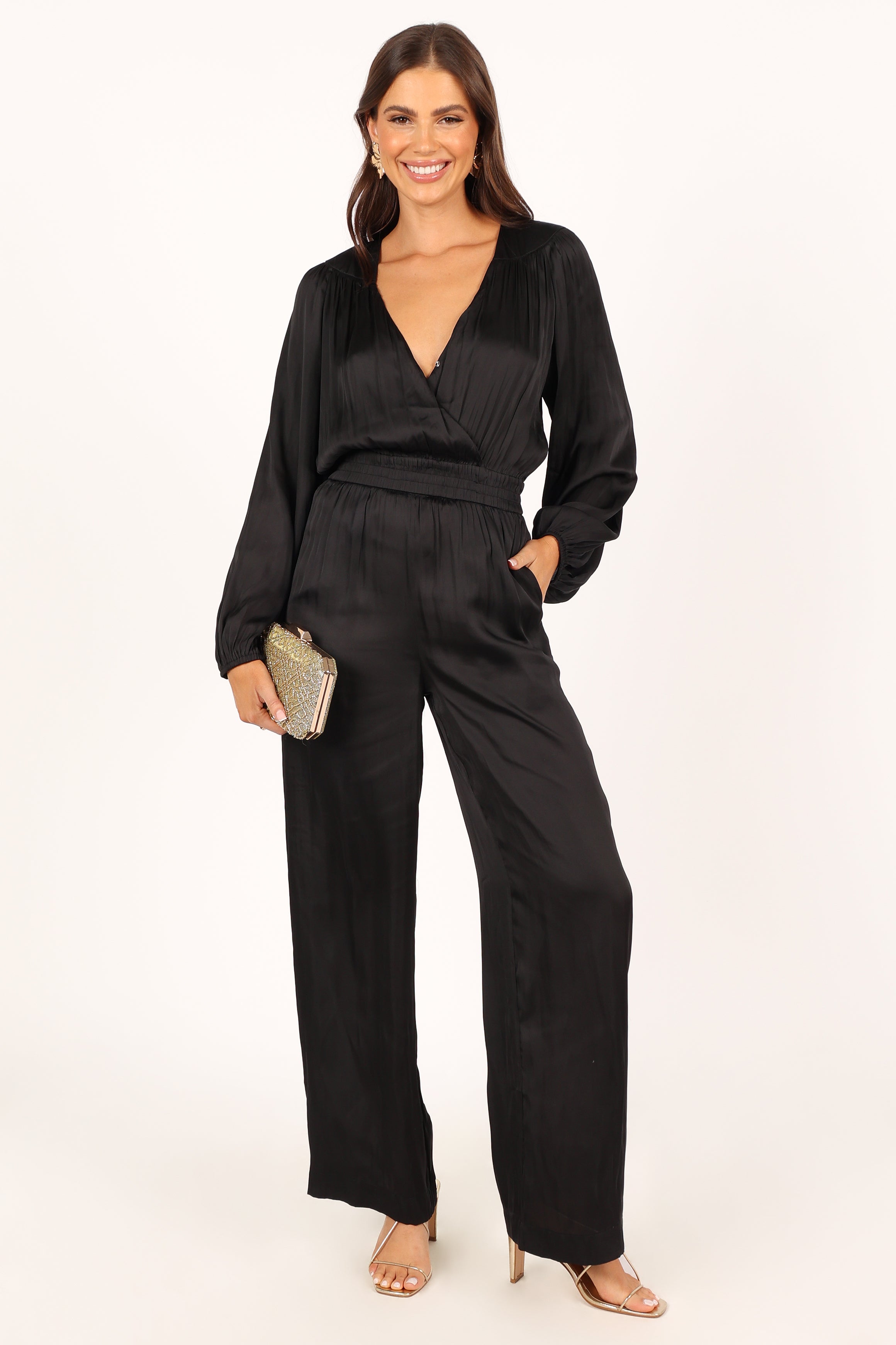 Black V-Neck Jumpsuit for Women with Pockets & Elastic Waist