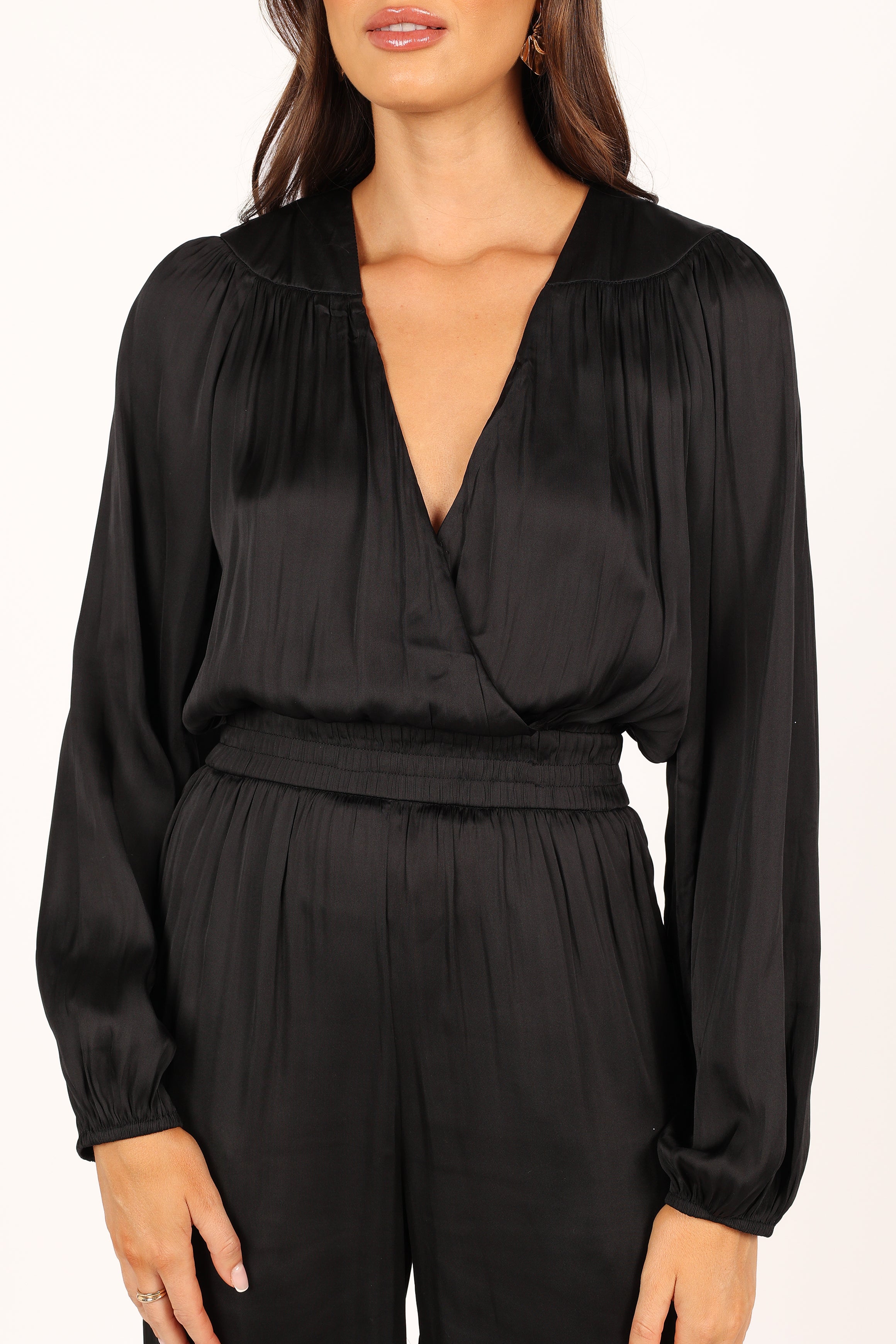 Black V-Neck Jumpsuit for Women with Pockets & Elastic Waist