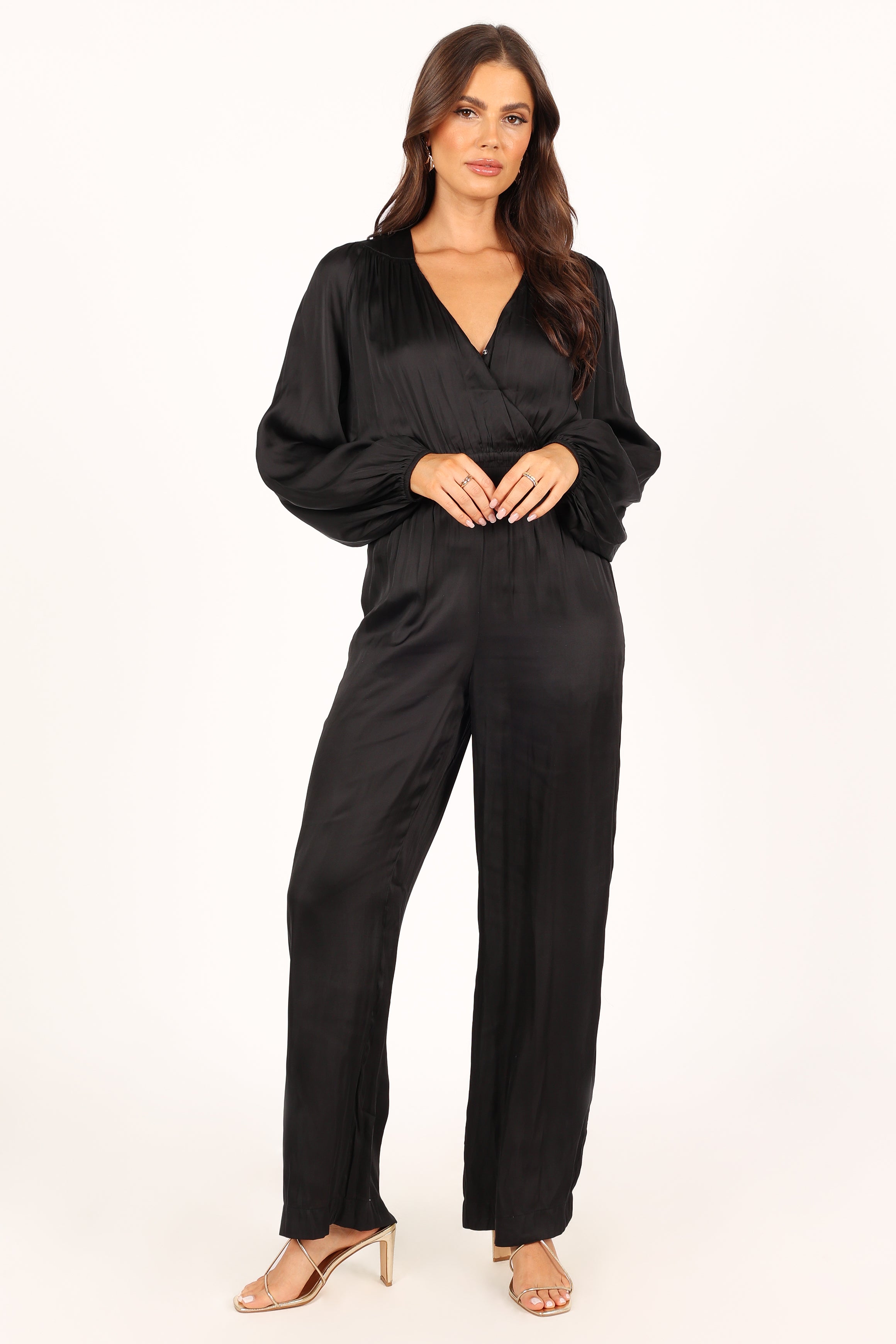 Black V-Neck Jumpsuit for Women with Pockets & Elastic Waist