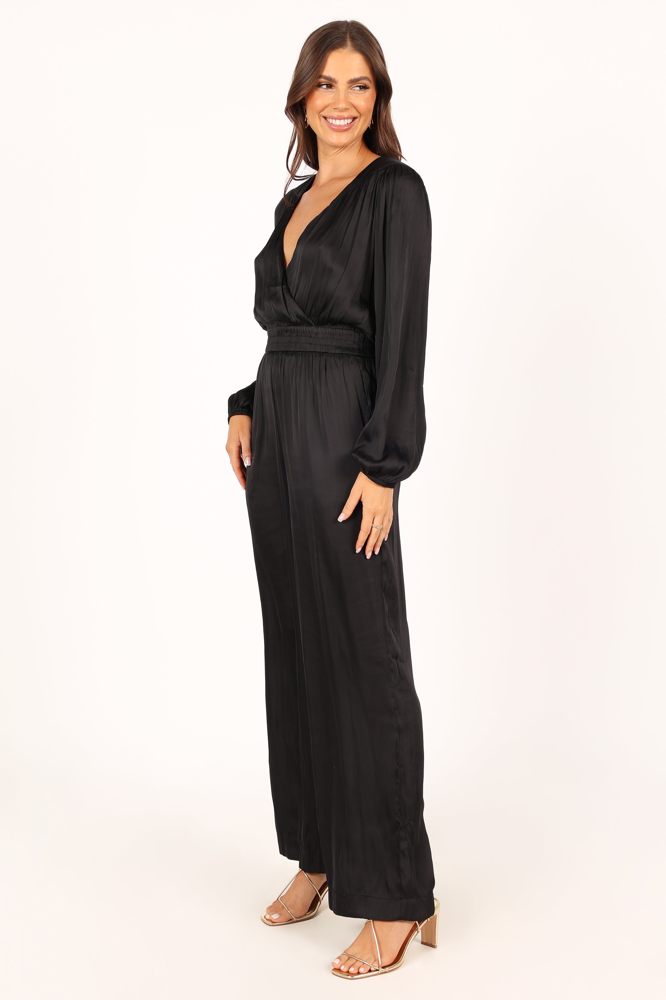 Black V-Neck Jumpsuit for Women with Pockets & Elastic Waist