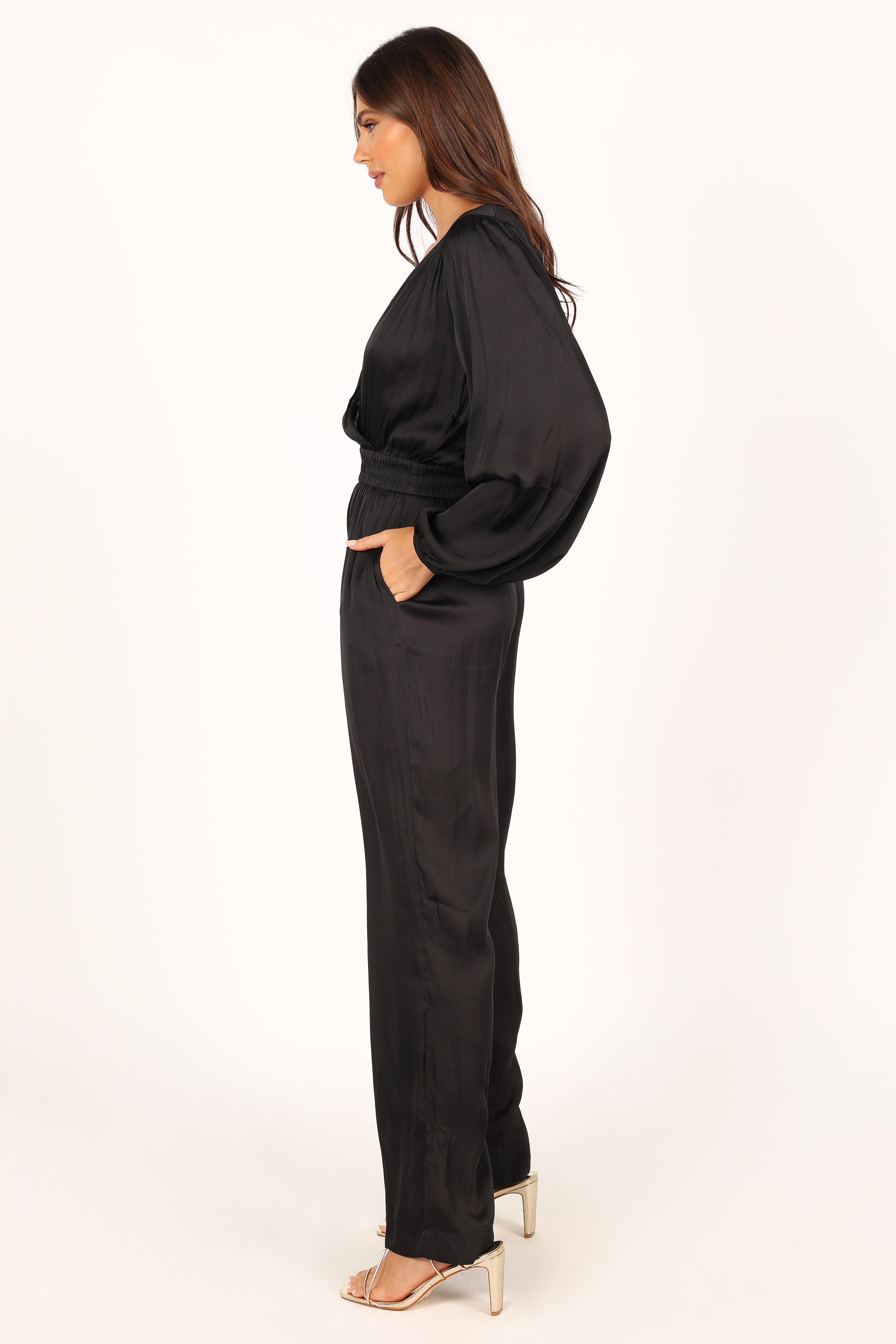 Black V-Neck Jumpsuit for Women with Pockets & Elastic Waist