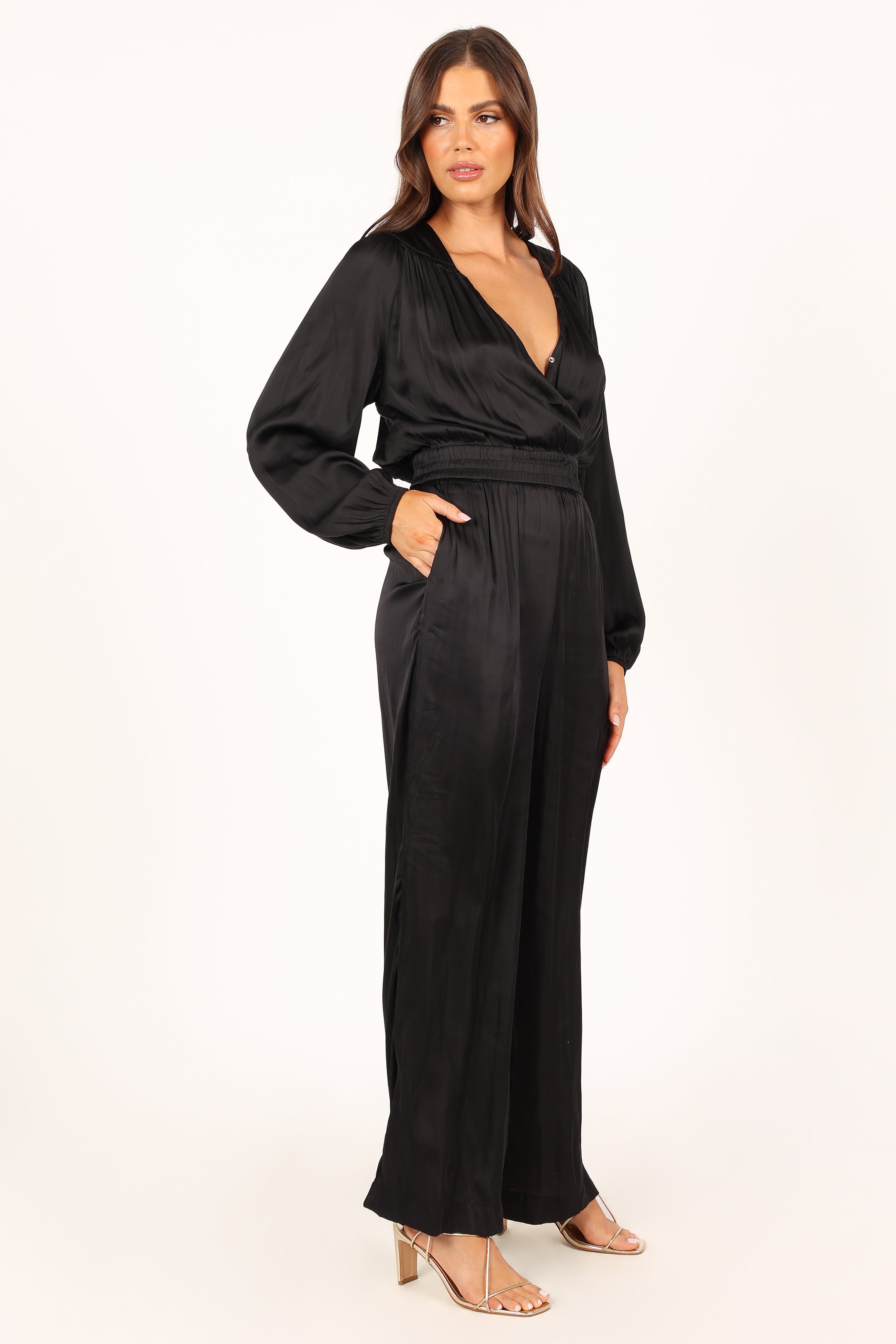 Black V-Neck Jumpsuit for Women with Pockets & Elastic Waist