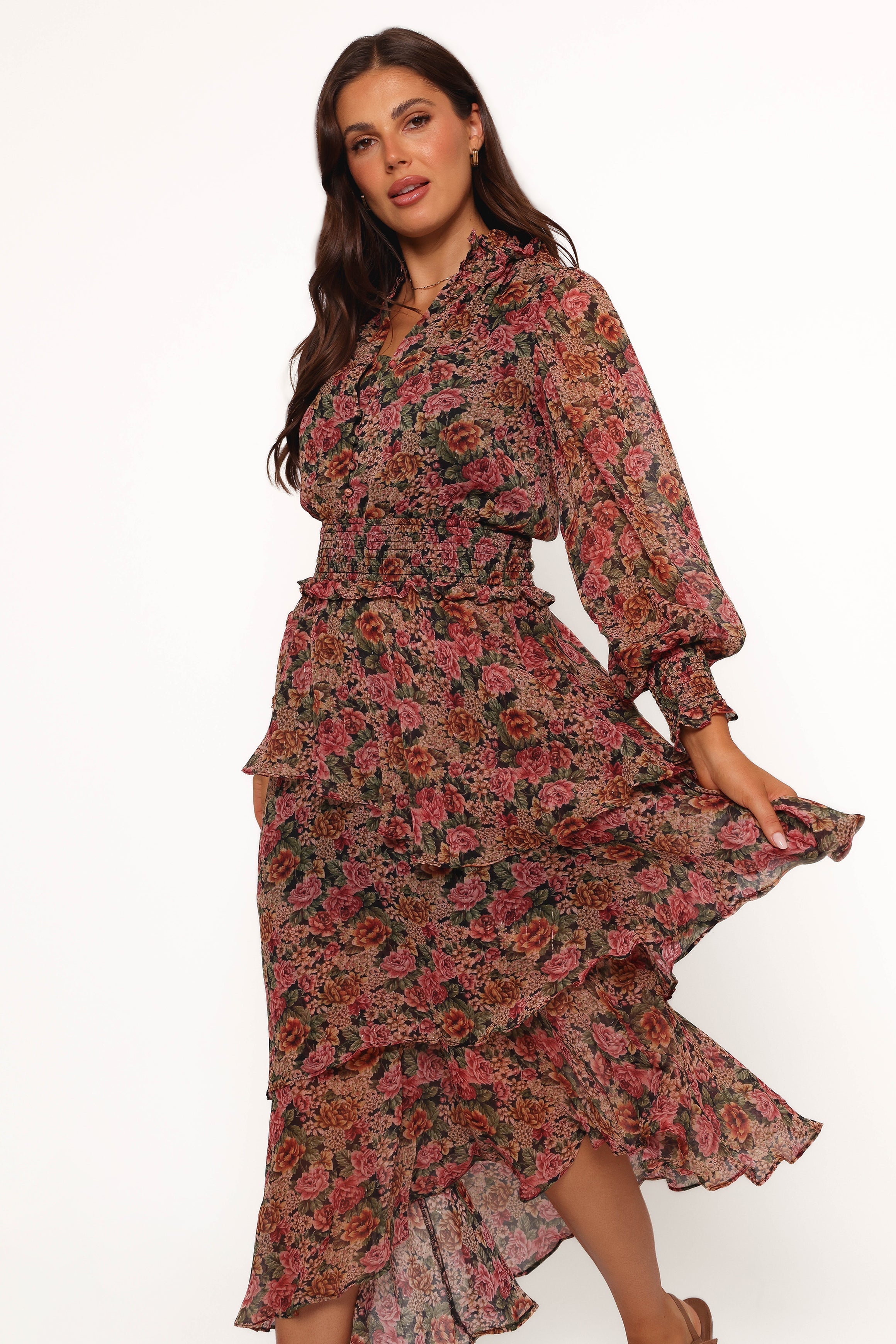 Floral Print Vivian Midi Dress with Long Sheer Sleeves