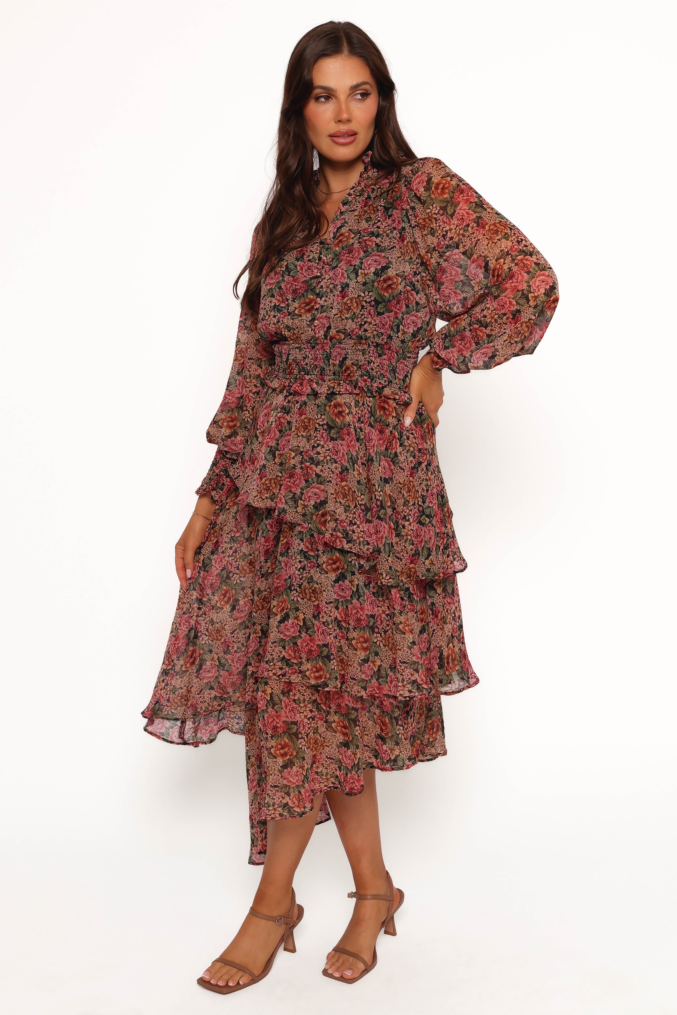 Floral Print Vivian Midi Dress with Long Sheer Sleeves