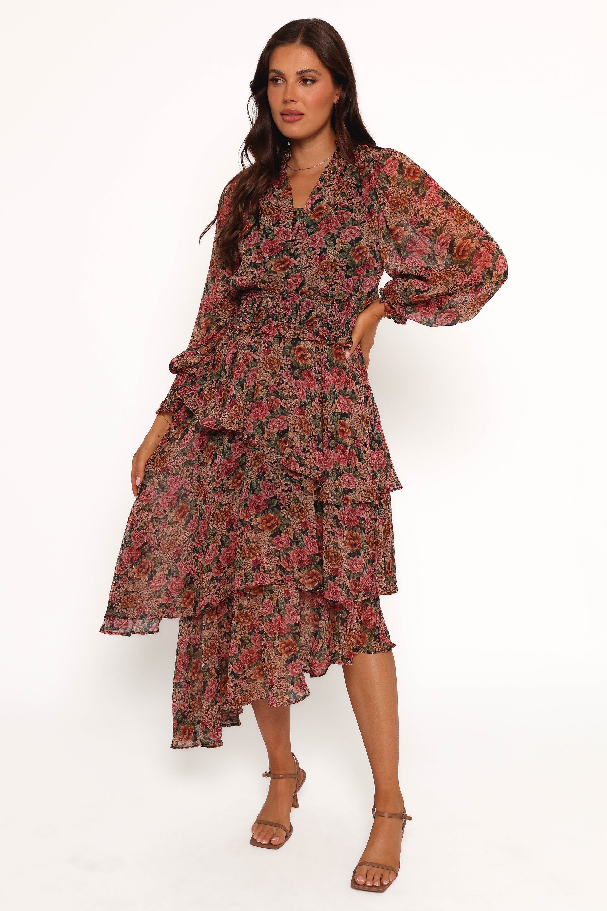 Floral Print Vivian Midi Dress with Long Sheer Sleeves