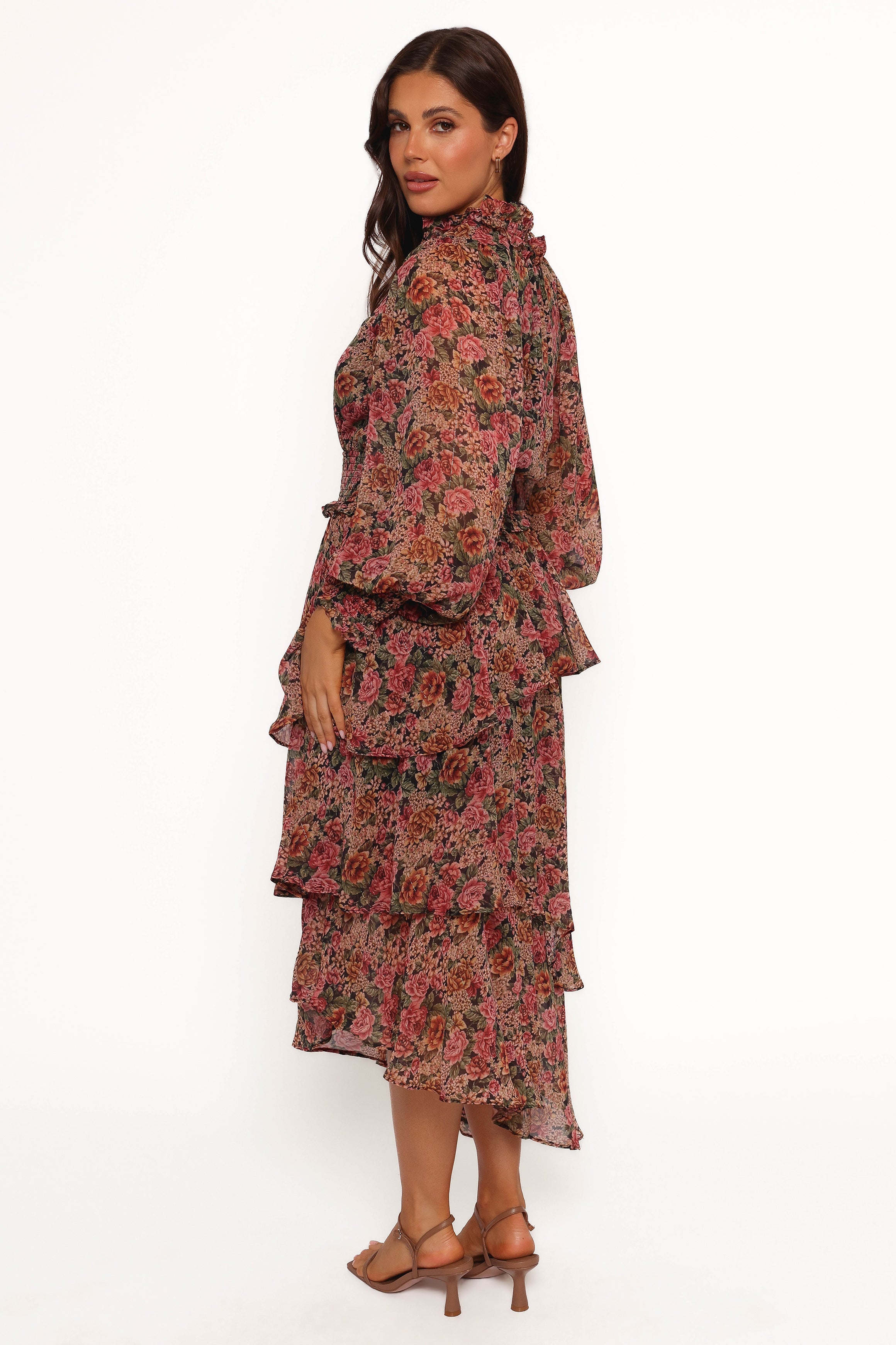 Floral Print Vivian Midi Dress with Long Sheer Sleeves