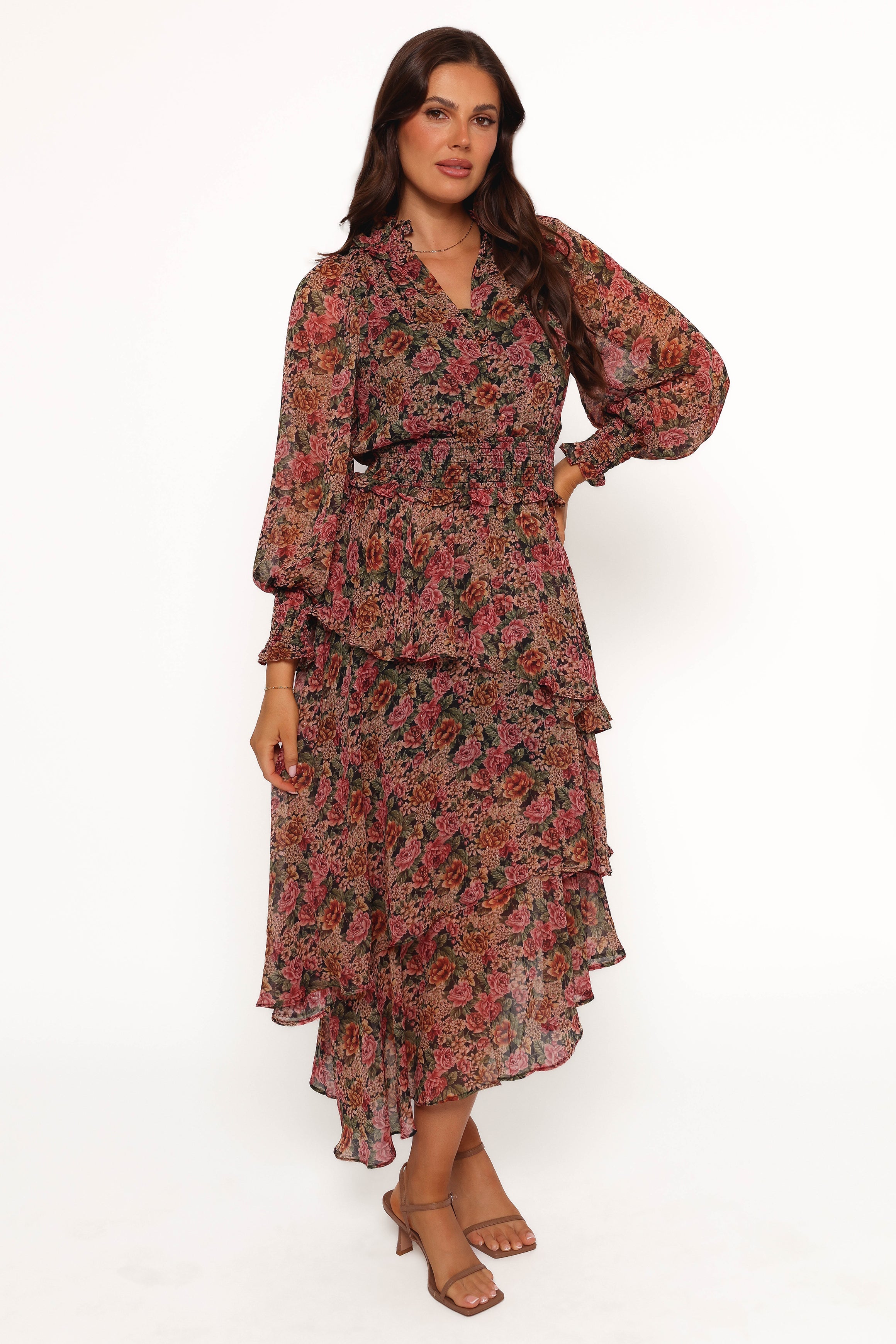 Floral Print Vivian Midi Dress with Long Sheer Sleeves