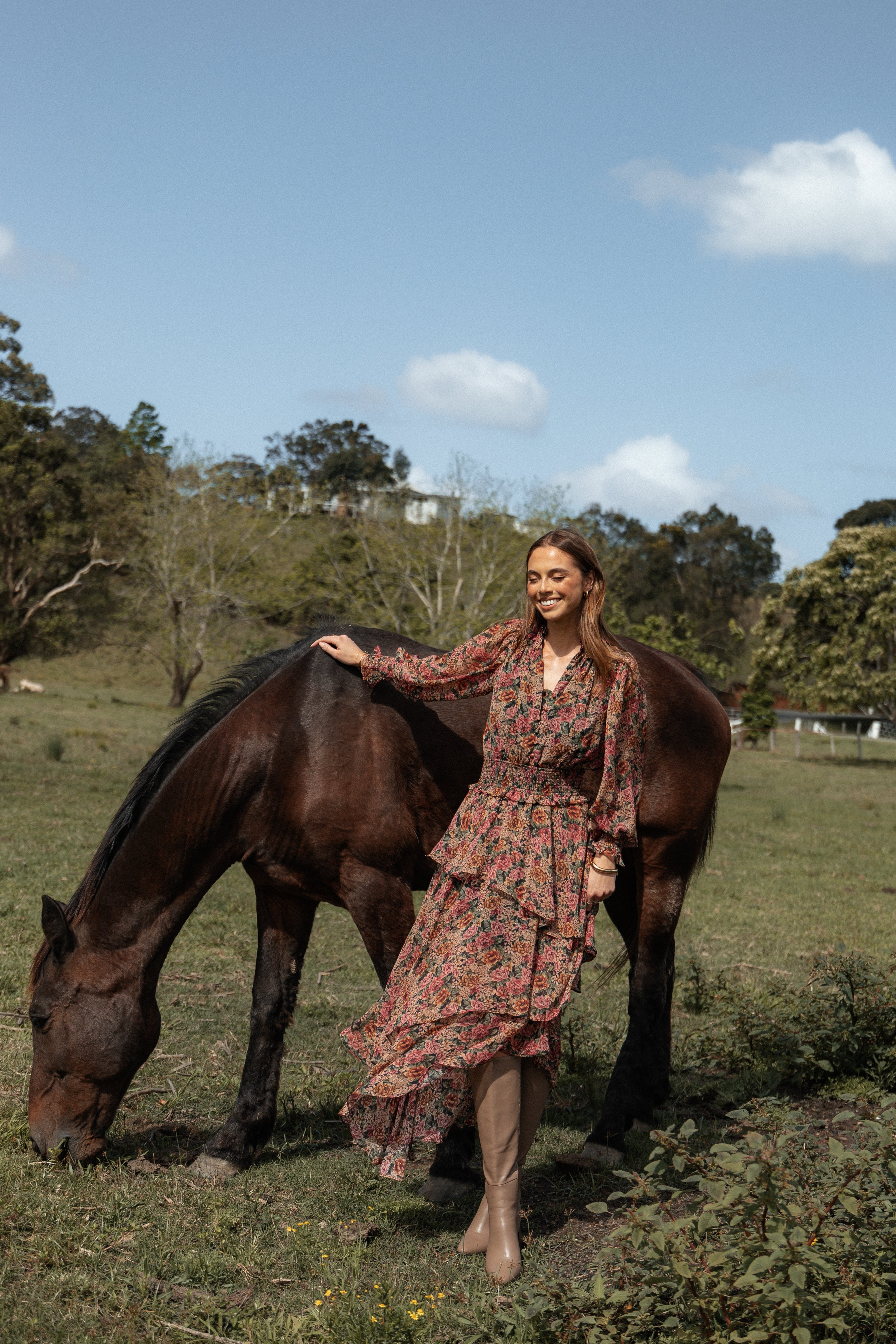Floral Print Vivian Midi Dress with Long Sheer Sleeves