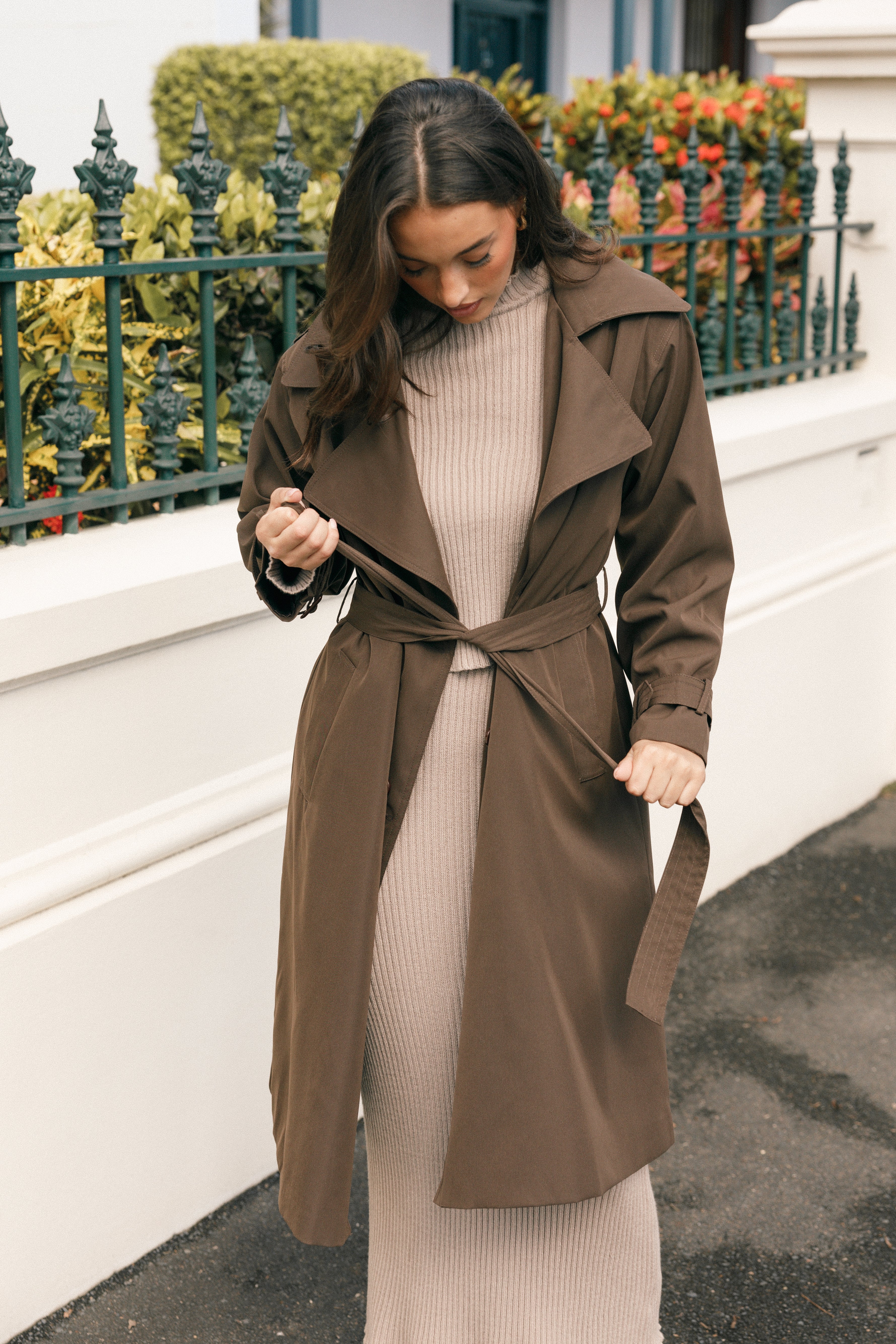 Women's Chocolate Brown Double-Breasted Trench Coat with Belt