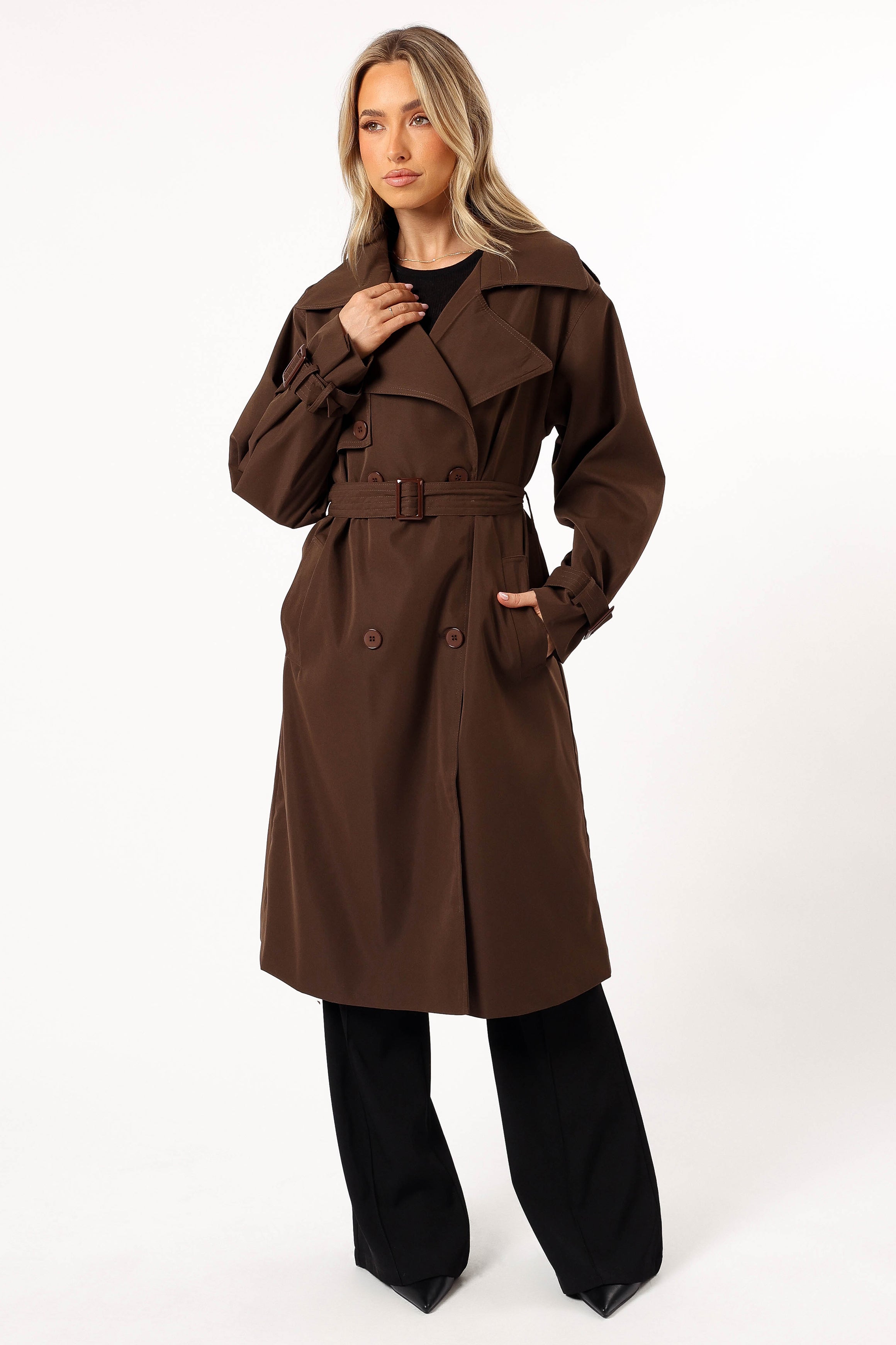 Women's Chocolate Brown Double-Breasted Trench Coat with Belt