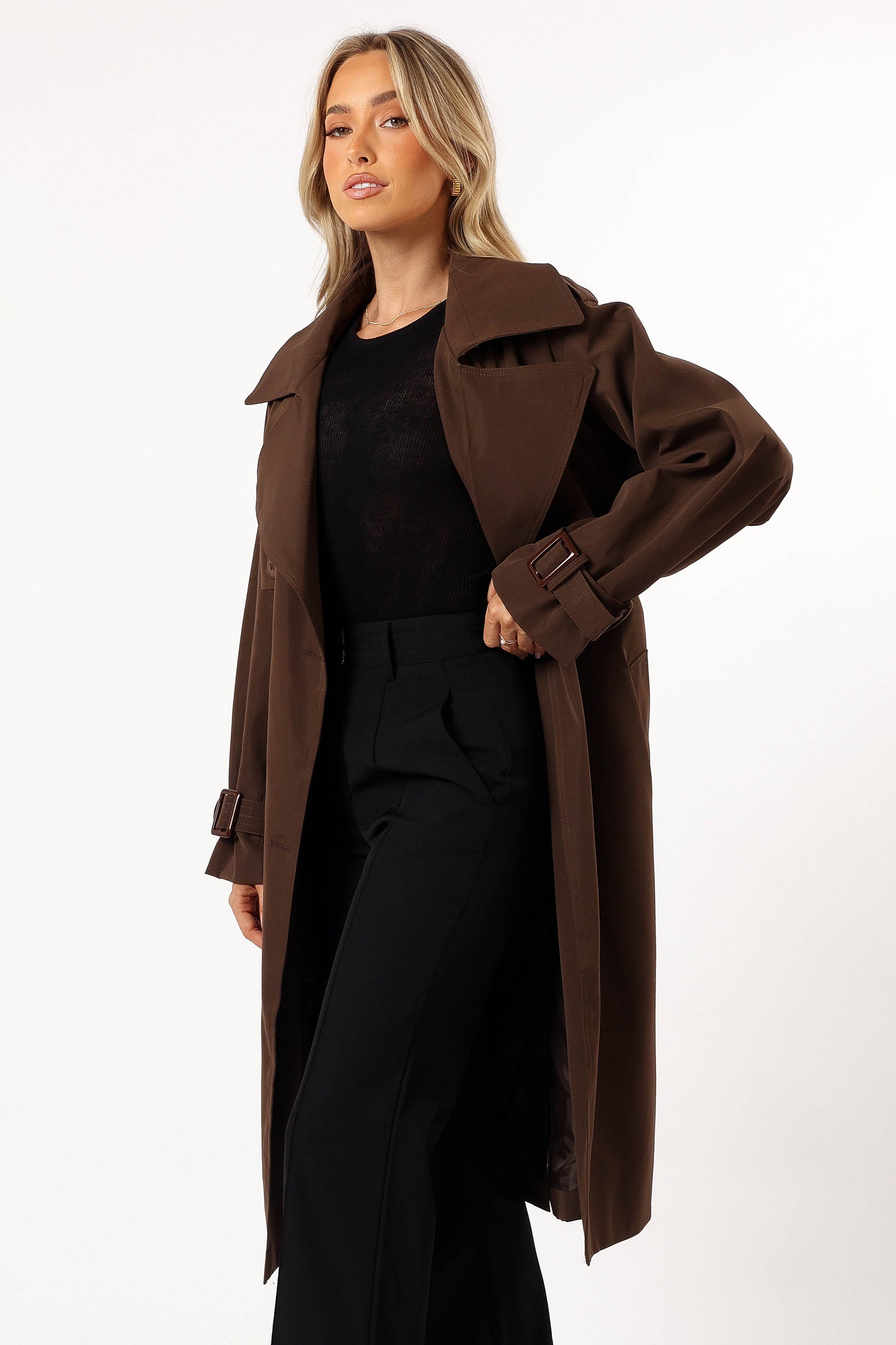 Women's Chocolate Brown Double-Breasted Trench Coat with Belt