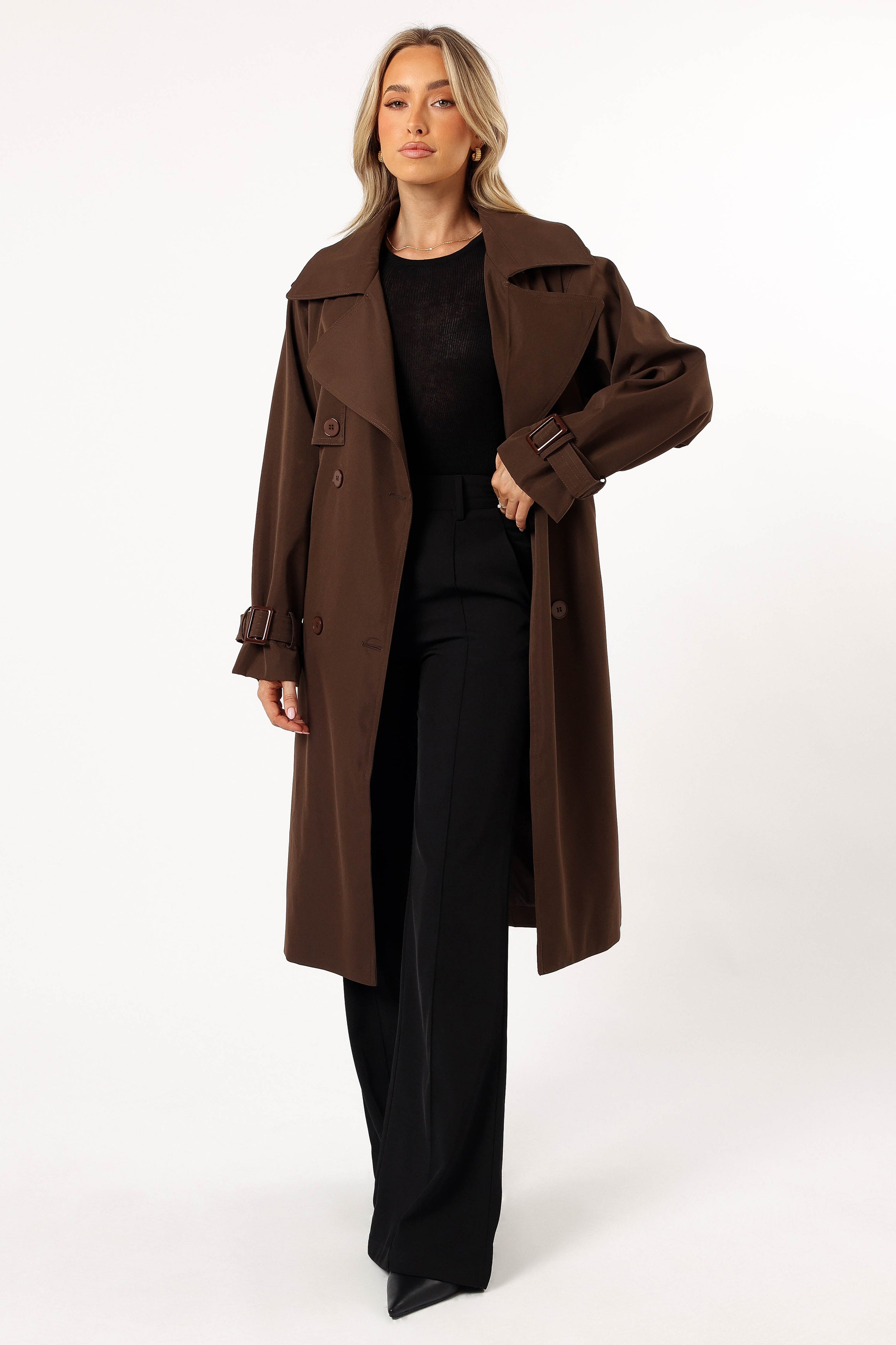 Women's Chocolate Brown Double-Breasted Trench Coat with Belt