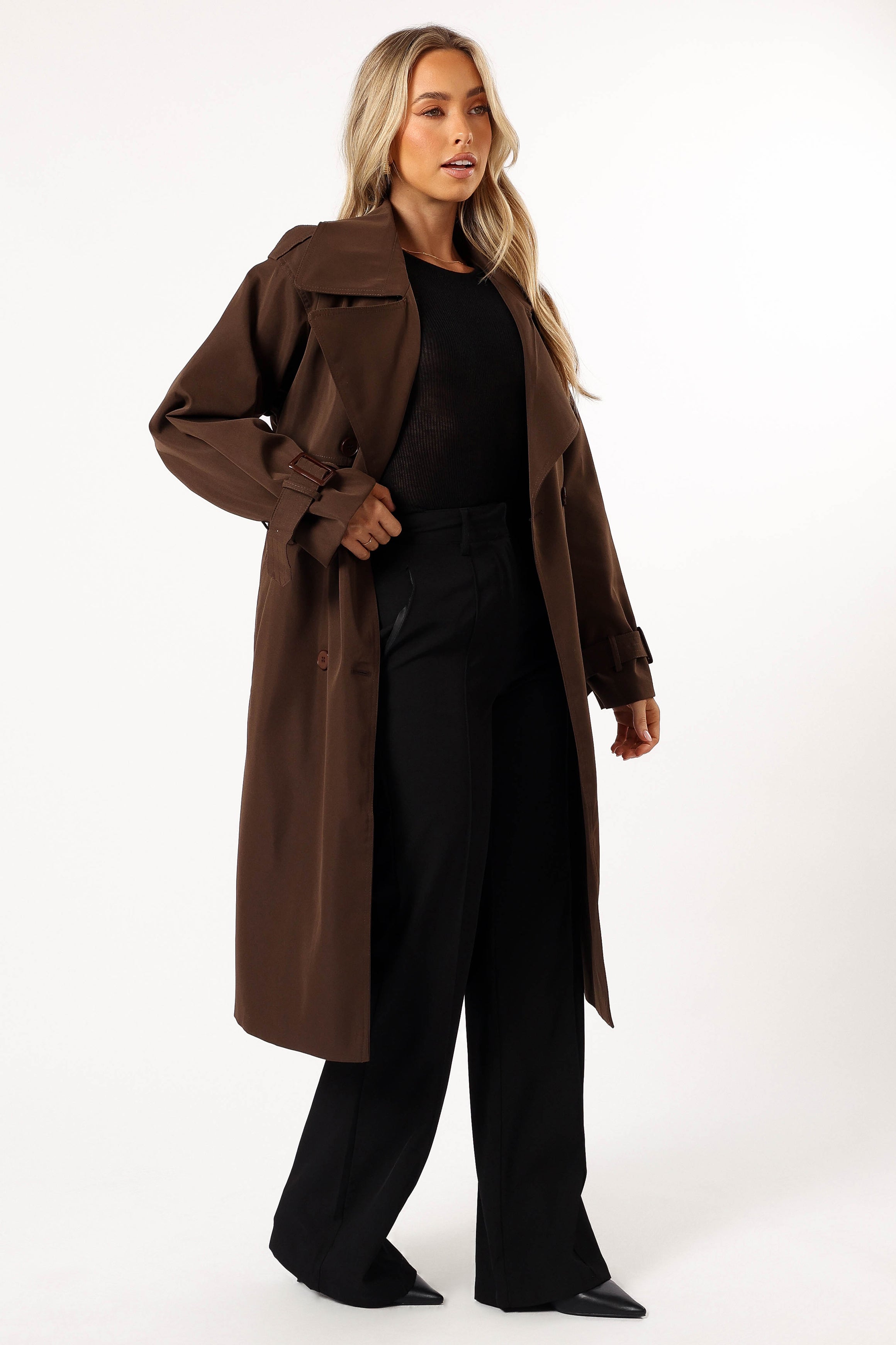 Women's Chocolate Brown Double-Breasted Trench Coat with Belt