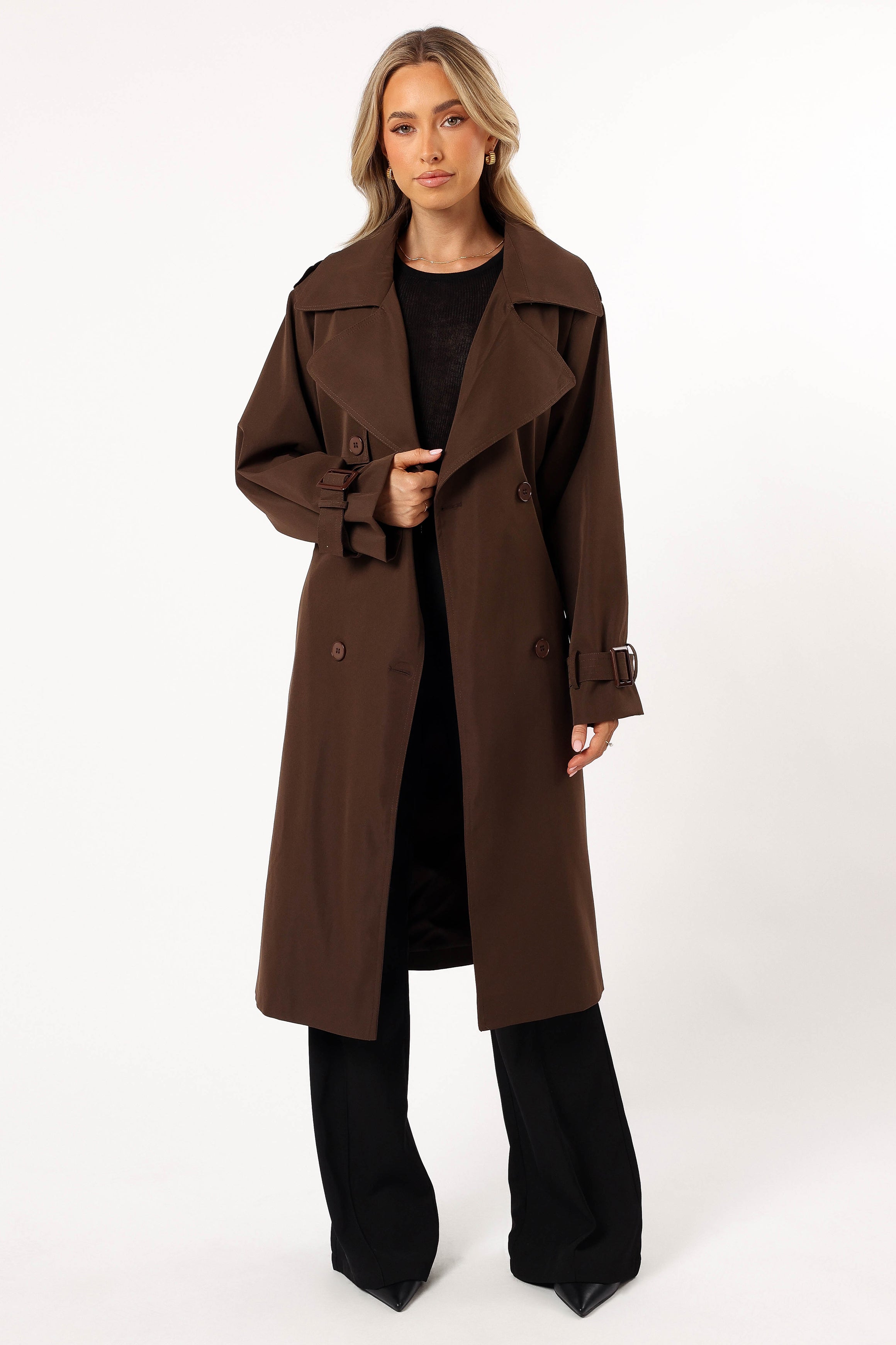 Women's Chocolate Brown Double-Breasted Trench Coat with Belt