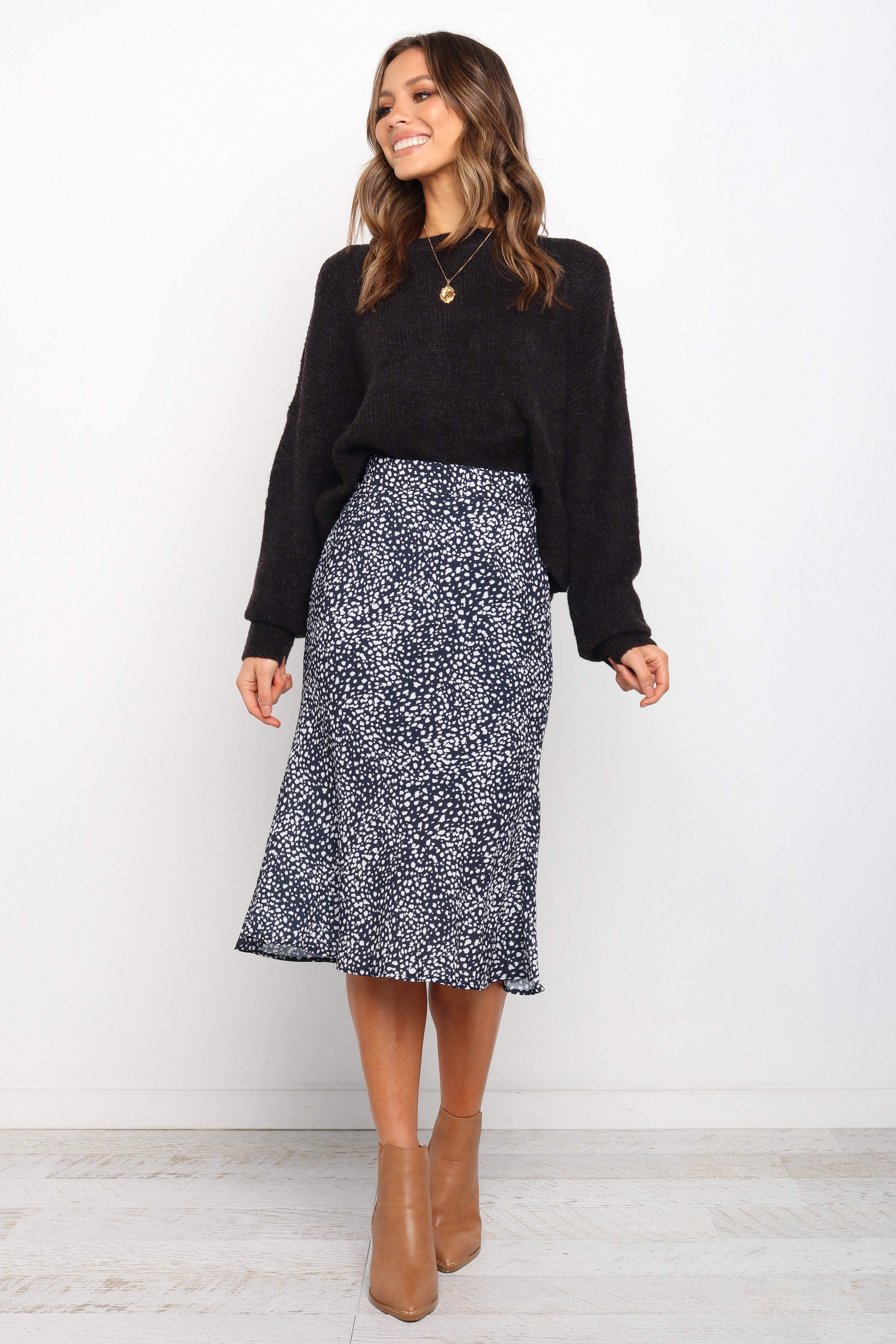 Navy High Waisted Midi Pencil Skirt - Falco Elastic Waist