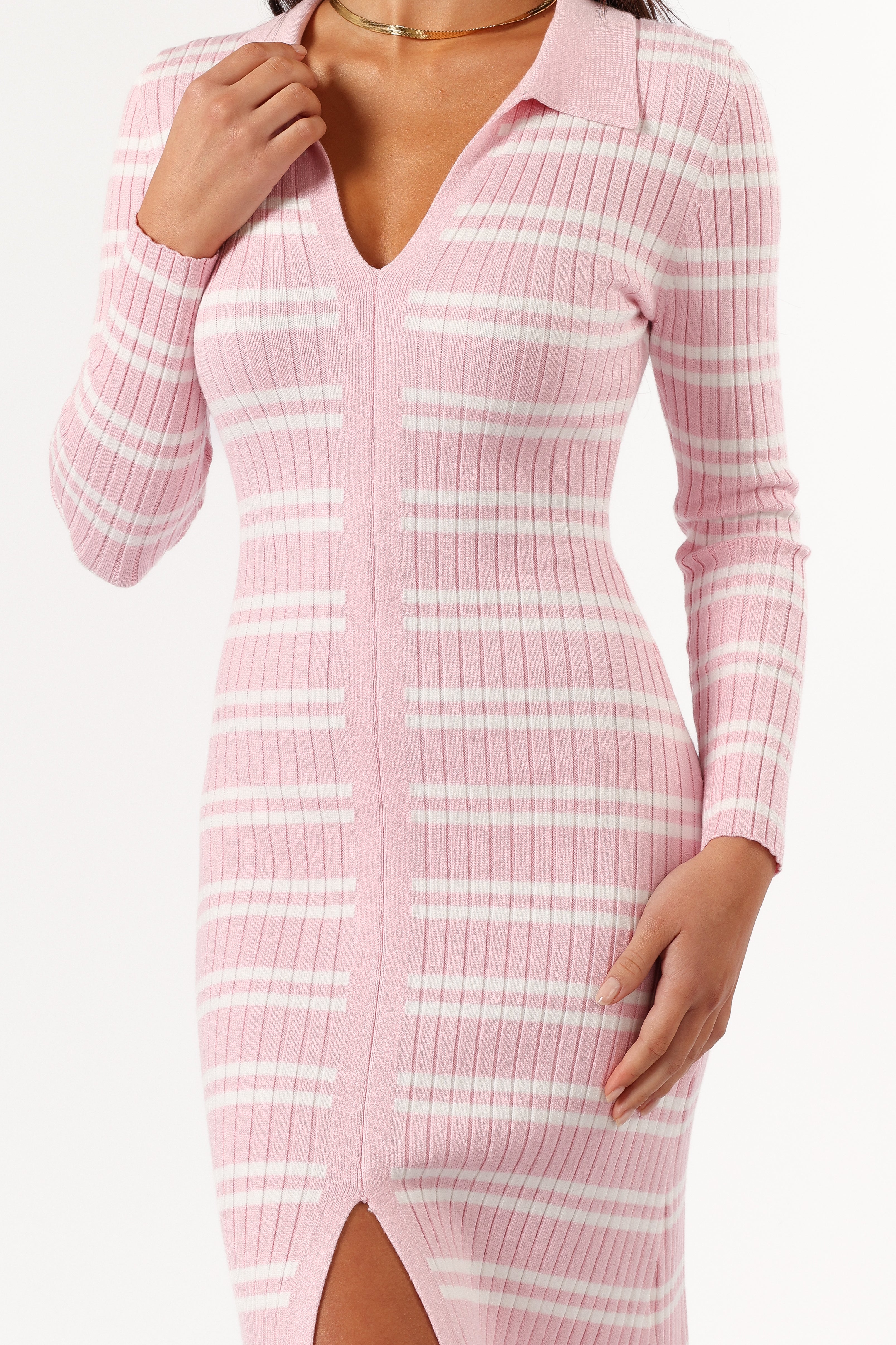 Pink Ribbed Knit Midi Dress with Long Sleeves - Eliana