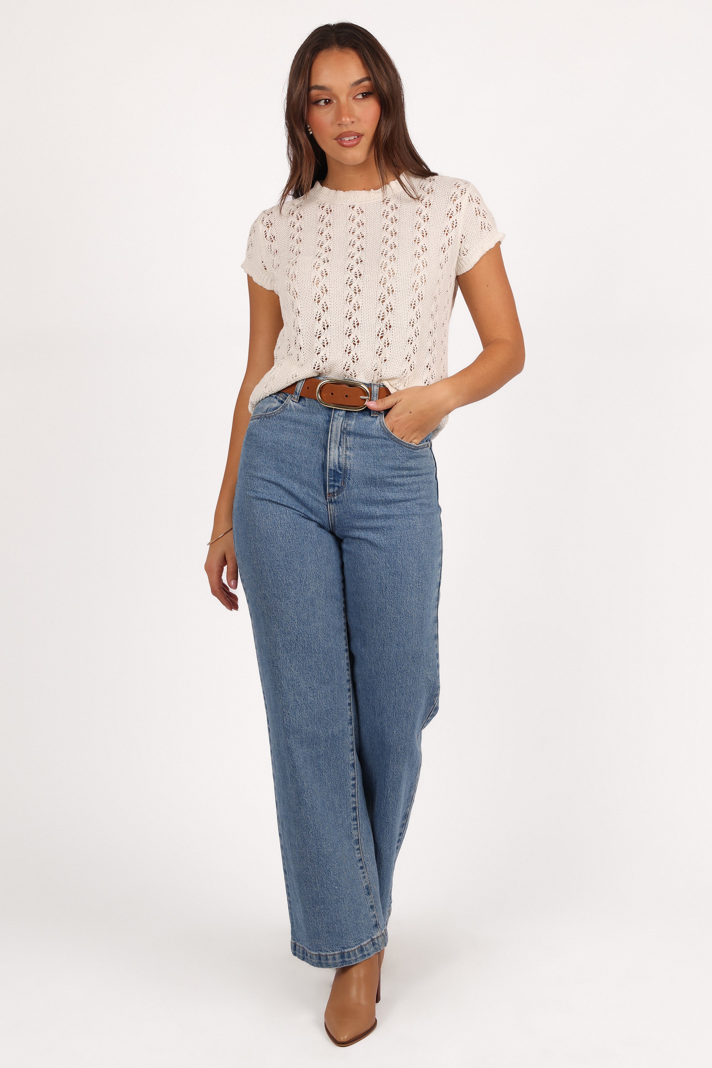 Cream Analynn Knit Top with Ruffle Hem & Short Sleeves