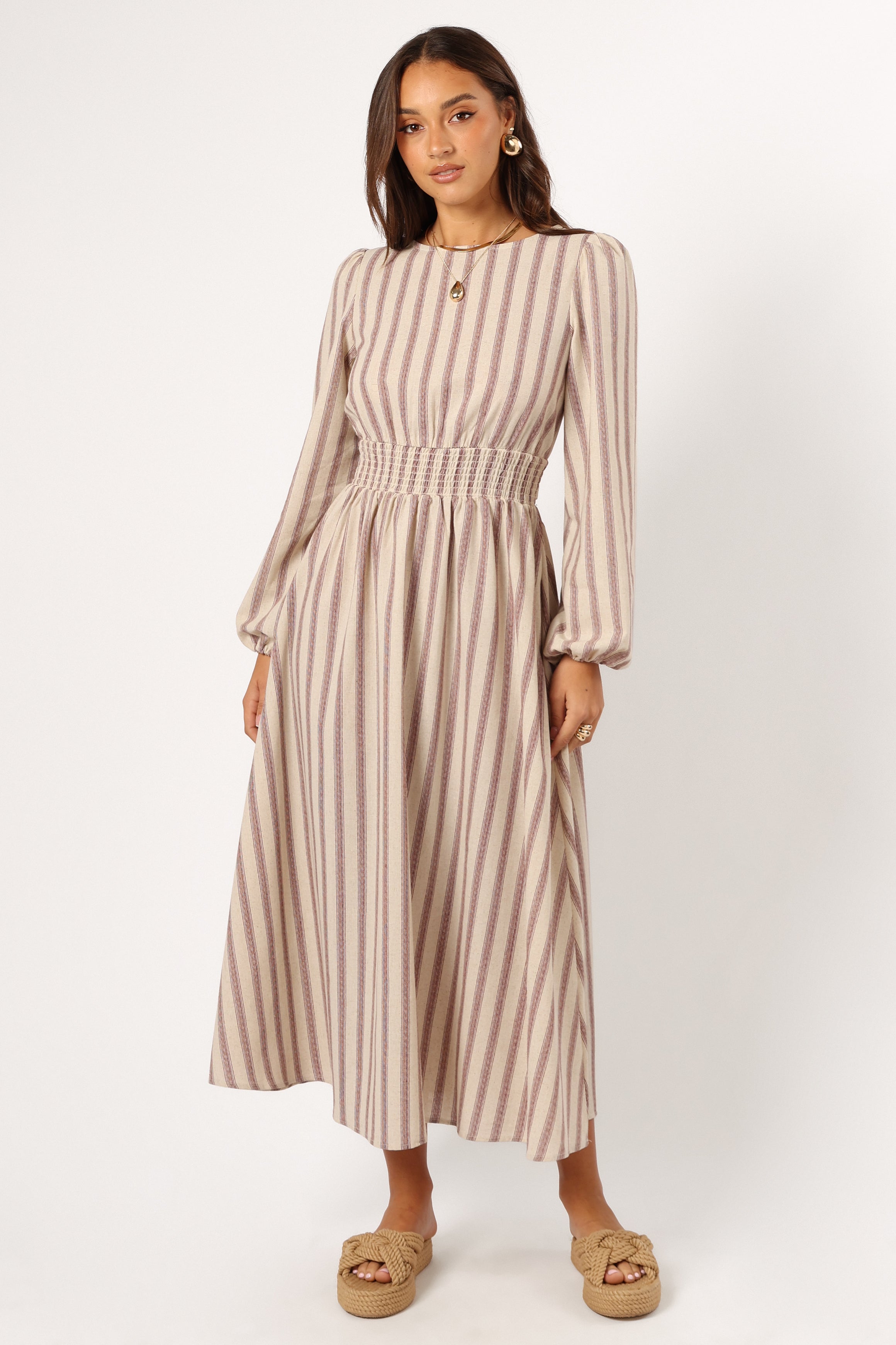 Brown Stripe Jimi Maxi Dress with Elastic Waist & Long Sleeves