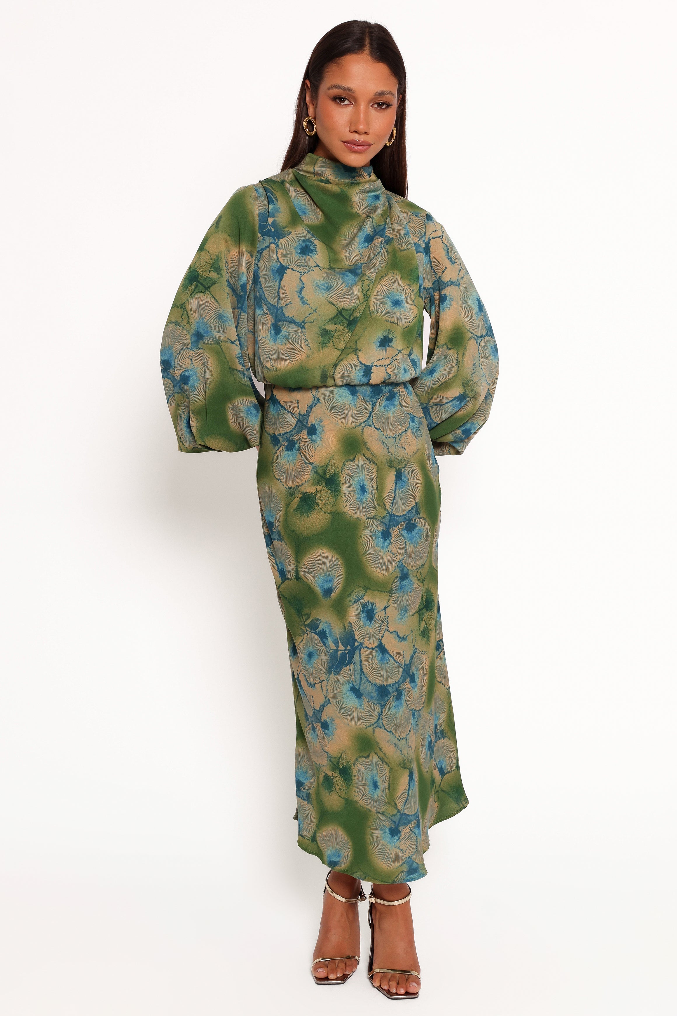 Floral Print Long Sleeve Midi Dress with Open Back - Green