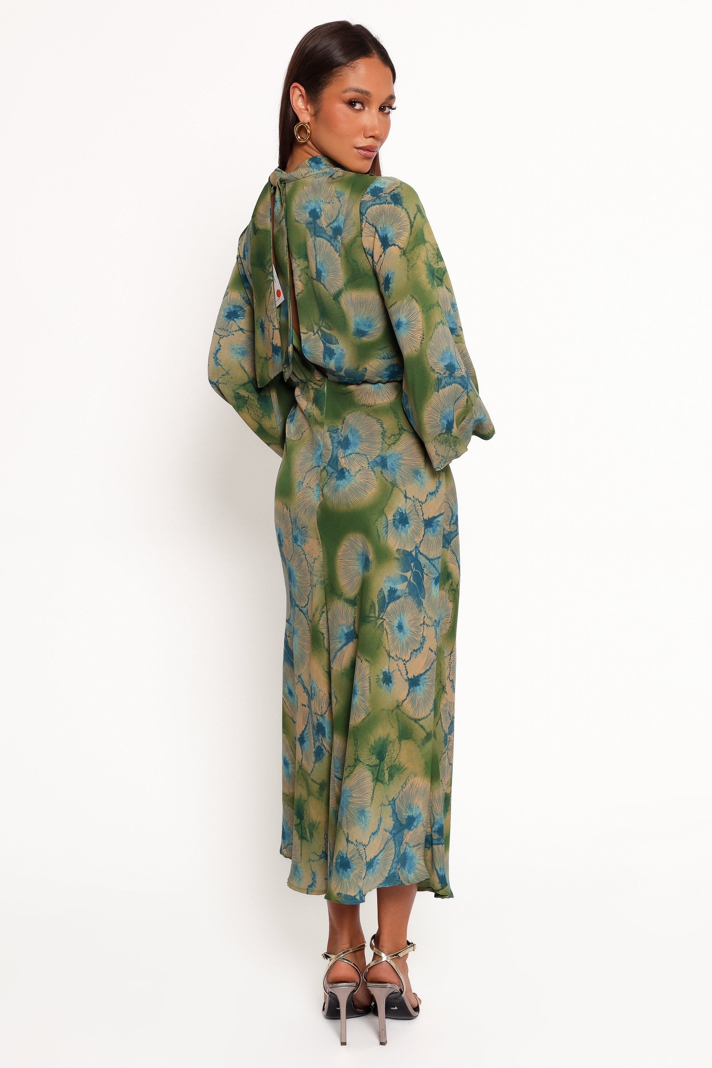 Floral Print Long Sleeve Midi Dress with Open Back - Green